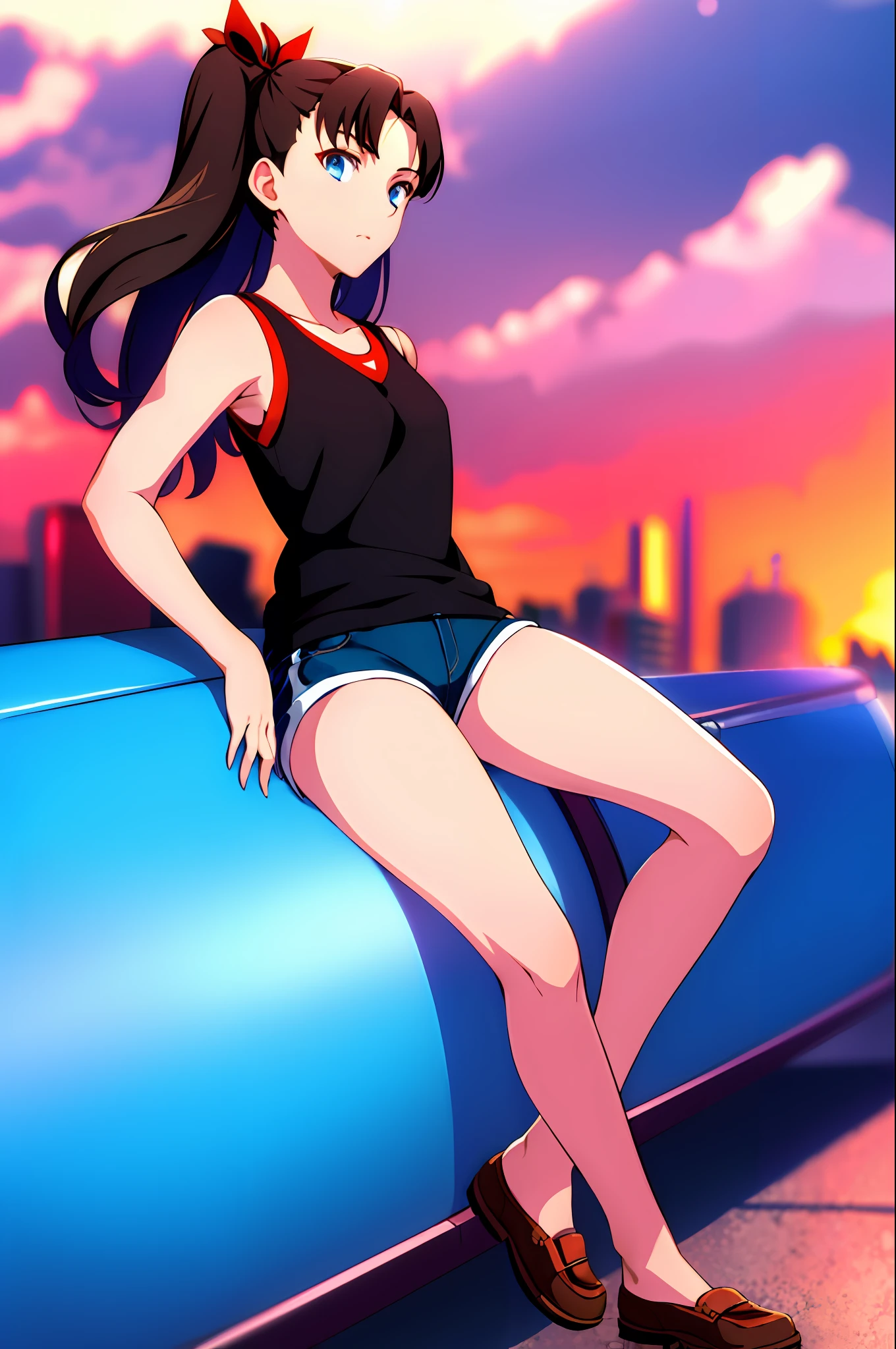 (masterpiece:1.4), (best quality:1.4), 1girl,
Tohsaka Rin, blue eyes, black hair, long hair, shorts, two sides up, short shorts, tanktop, thighs, hair ribbon, sexy dolphin shorts, short sleeves, brown shoes,
looking at the viewer, whole body,
city, cityscape, sky, night
