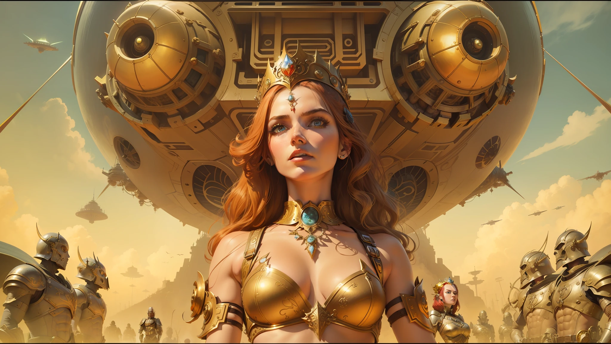 there is a woman standing in front of a large group of aliens, inspired by Volkan Baga, beautiful female warrior, amanita, protagonist in foreground, megadeth, red gold color palette, miles johnstone, with a crown of skulls, armor girl, in the technique of old masters, widescreen shot, mantra rendering, gilded lotus princess, dieselpunk --auto --s2