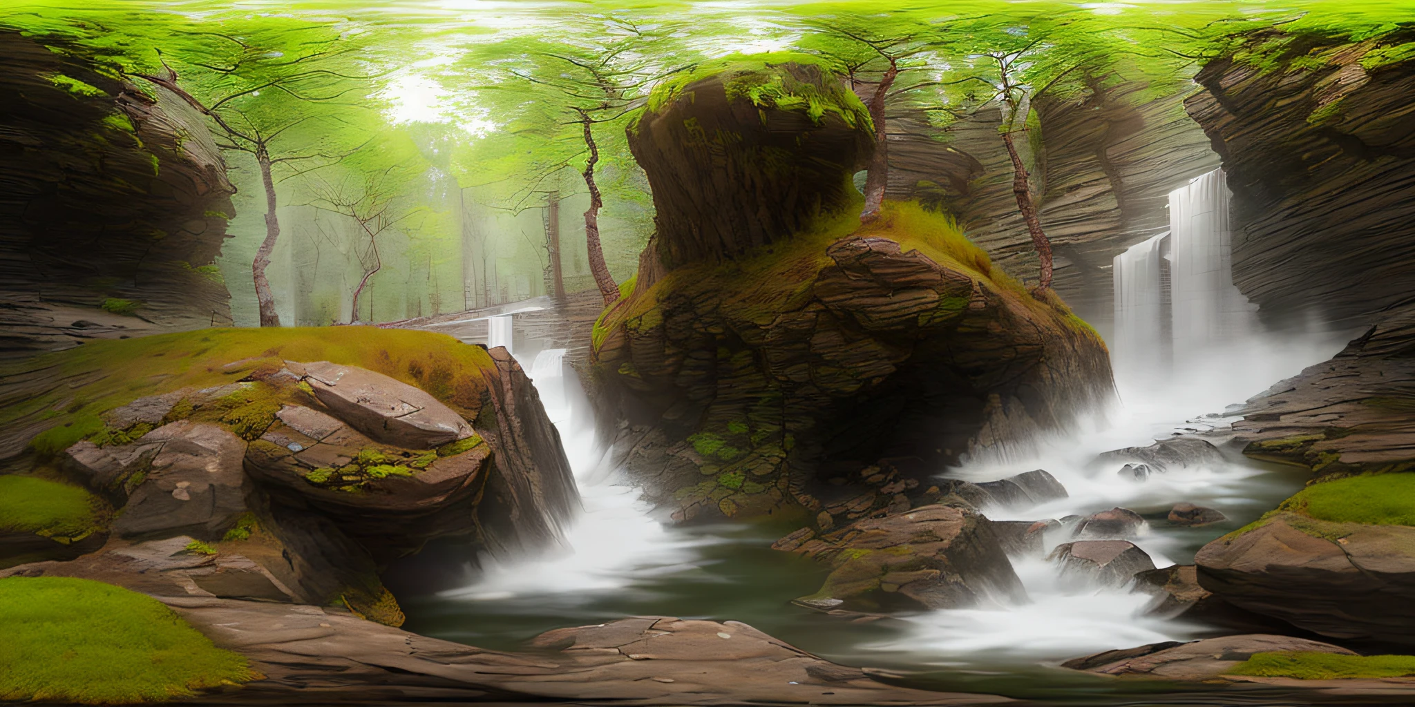 (8k, RAW photo, best quality, masterpiece: 1.2), (realistic, photo-realistic: 1.37), octane rendering, ultra high res, ultra-detailed, professional lighting, photon mapping, radiosity, physics-based rendering, ue5, (((fantastic trees)),((huge lake with leaves, vines)),((rocks with infinite water musgon)),mist, fog (((raytracing),((rocky mountains with lots of moss)),(depth of field),landscape,, lake