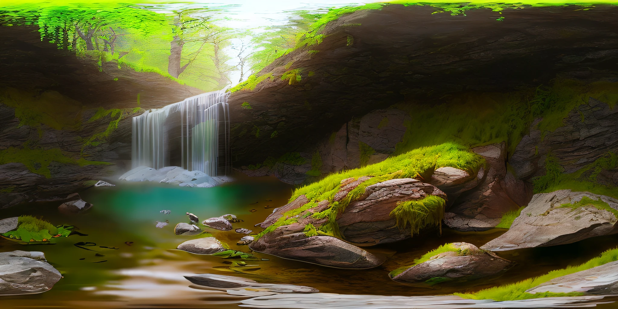 (8k, RAW photo, best quality, masterpiece: 1.2), (realistic, photo-realistic: 1.37), octane rendering, ultra high res, ultra-detailed, professional lighting, photon mapping, radiosity, physics-based rendering, ue5, (((fantastic trees)),((huge lake with leaves, vines)),((rocks with infinite water musgon)),mist, fog (((raytracing),((rocky mountains with lots of moss)),(depth of field),landscape,, lake