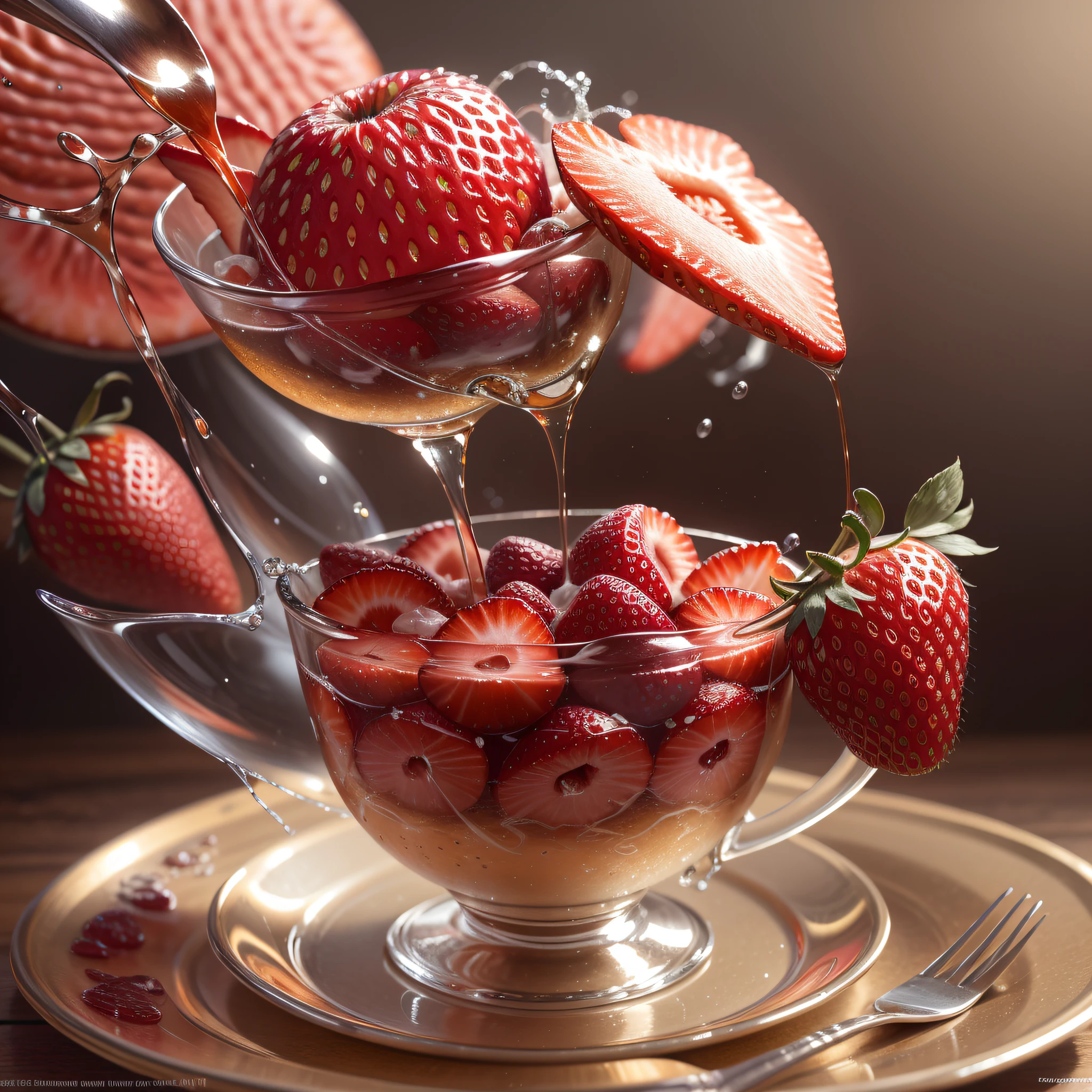 araffe splashes into a cup of fruit on a plate of strawberries, photorealistic painting by Alexey Venetsianov, Shutterstock winner, photorealism, amazing food photography, 4k food photography, 4k food photography, high speed photography, slow motion, ultra high speed photography, food photography photography, food art photography, extremely detailed CG Unity 8k wallpaper, award-winning photography, bokeh, depth of field, HDR, bloom, chromatic aberration, photorealistic, highly detailed, popular on artstation, popular in CGsociety, complex, high detail, dramatic, intermediate art, ambient lighting --auto --s2