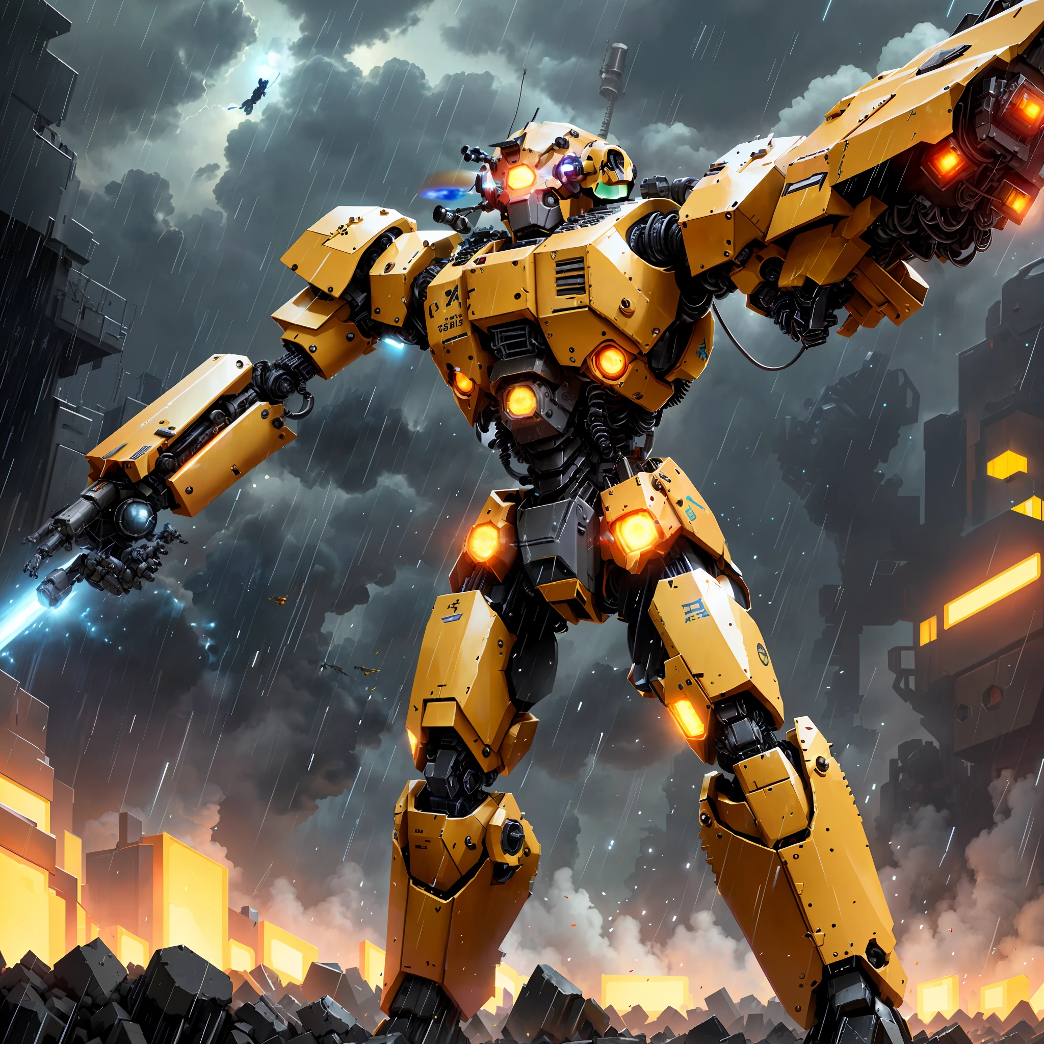 there is a robot that is standing in the rain with a light on, mech robot futuristic, tremendous mecha robot, yellow mech, an anime large mecha robot, mecha suit, cool mecha style, action figure mecha, mecha warrior, mech suit, mech robot, mecha, mech, full body mecha suit, robotic, futuristic robot