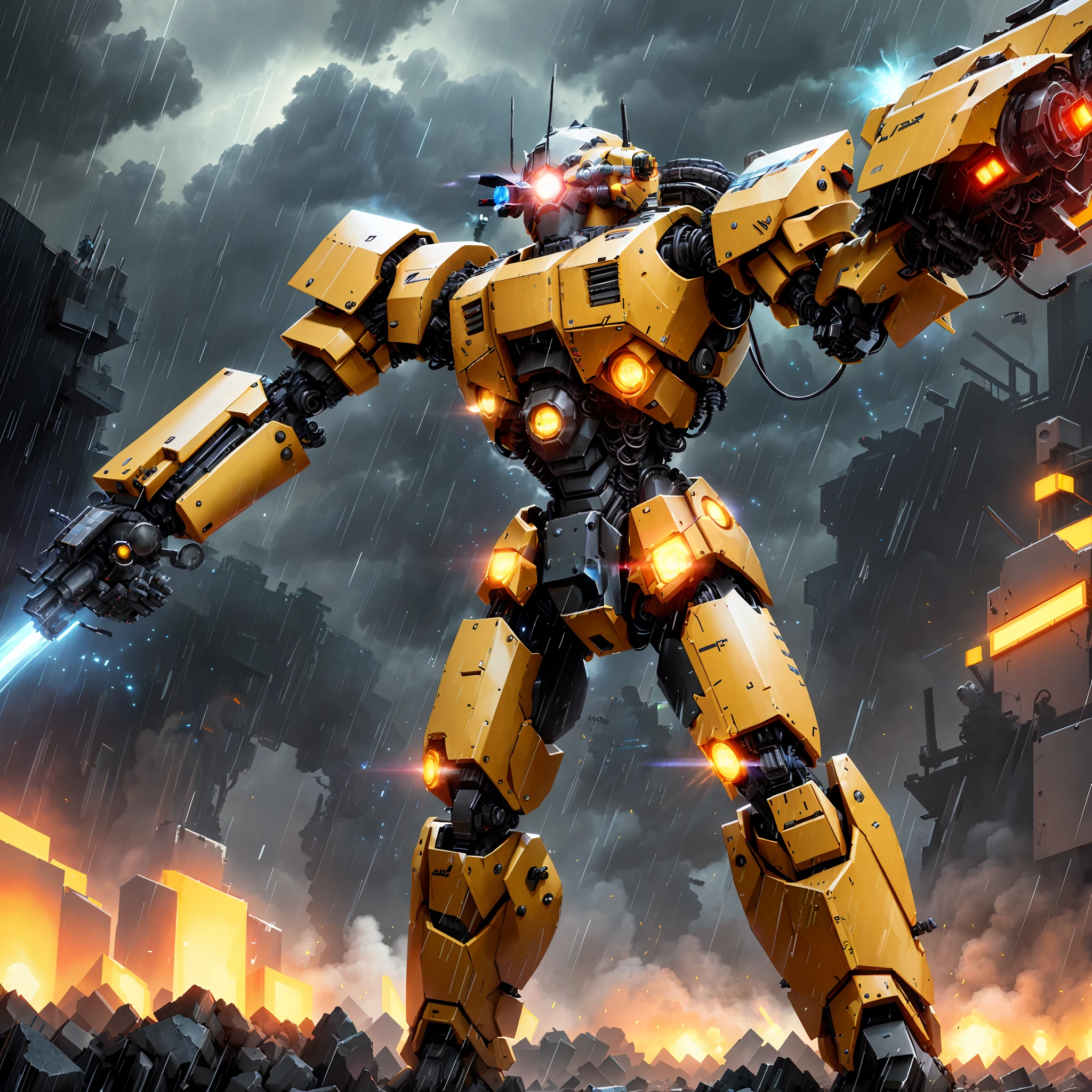 there is a robot that is standing in the rain with a light on, mech robot futuristic, tremendous mecha robot, yellow mech, an anime large mecha robot, mecha suit, cool mecha style, action figure mecha, mecha warrior, mech suit, mech robot, mecha, mech, full body mecha suit, robotic, futuristic robot