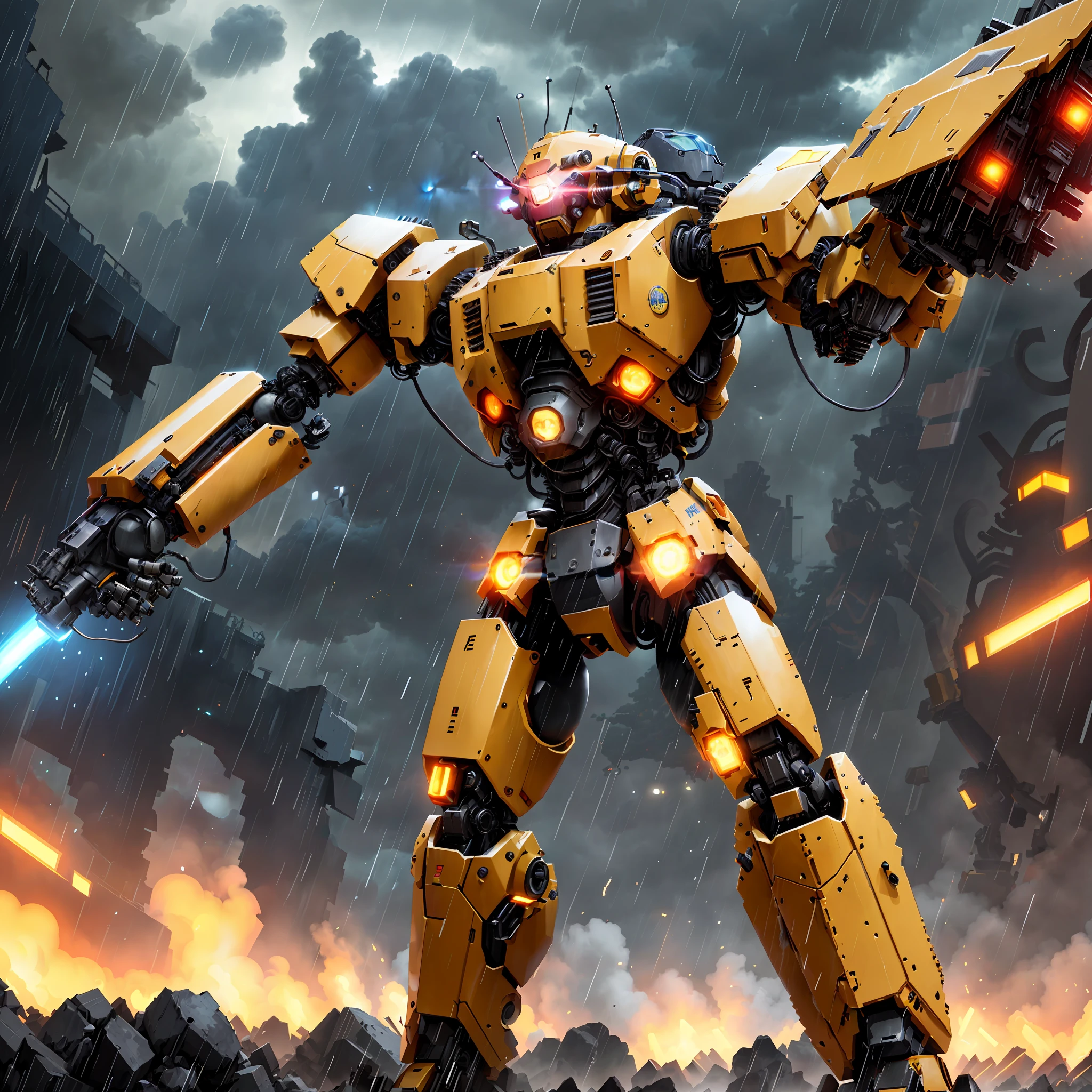 there is a robot that is standing in the rain with a light on, mech robot futuristic, tremendous mecha robot, yellow mech, an anime large mecha robot, mecha suit, cool mecha style, action figure mecha, mecha warrior, mech suit, mech robot, mecha, mech, full body mecha suit, robotic, futuristic robot