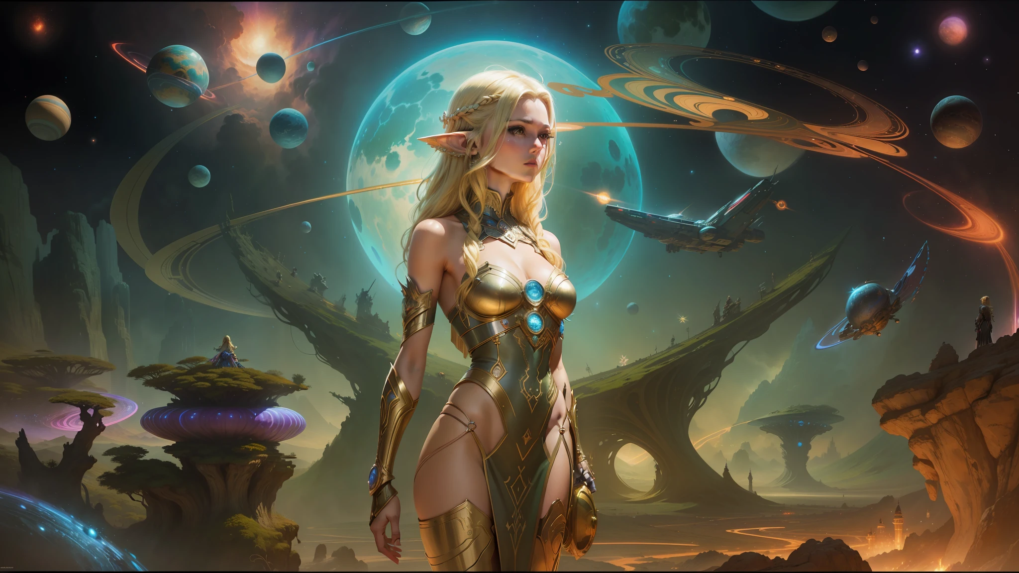 a close up of a woman in a dress standing in front of a painting, mystical sci-fi concept art, a sexy blonde warrior, futuristic psychedelic hippy, inspired by Mœbius, planets on the background, noriyoshi ohrai masterpiece, redshift, blonde elvish empress, luminous colors --auto --s2