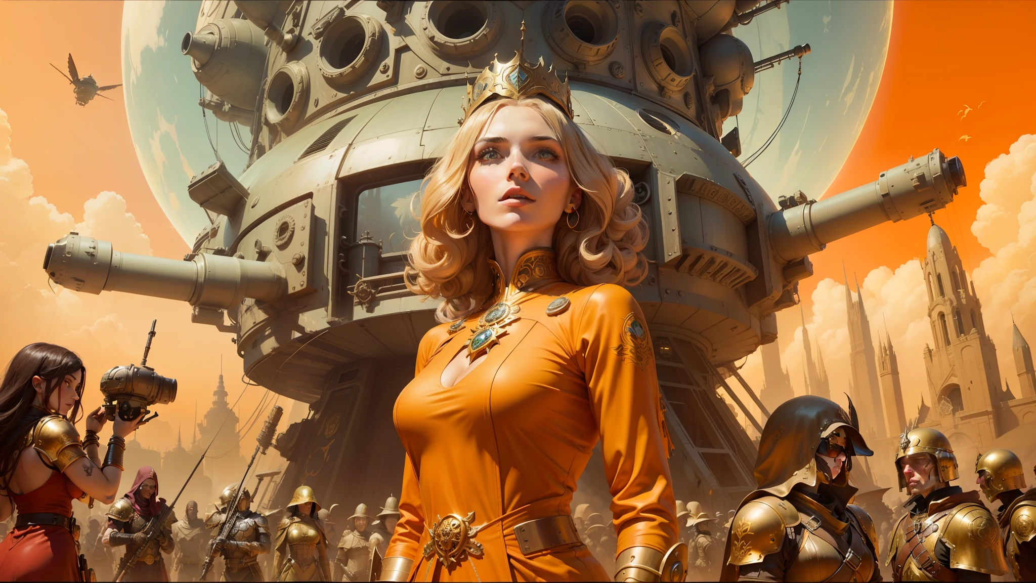 there is a woman standing in front of a large group of aliens, inspired by Volkan Baga, beautiful female warrior, amanita, protagonist in foreground, megadeth, red gold color palette, miles johnstone, with a crown of skulls, armor girl, in the technique of old masters, widescreen shot, mantra rendering, gilded lotus princess, dieselpunk --auto --s2