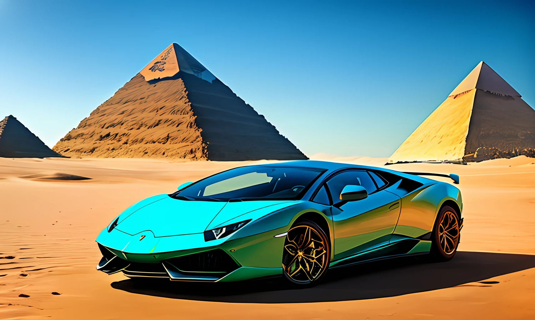 '''
 Describe an amazing scene: An 'antique' Lamborghini is parked in the middle of a vast, barren desert.  The sun shines brightly, casting shadows on the golden sand around the car.  In the background, an imposing pyramid rises majestically against the clear blue sky.  The combination of the classic vehicle, the stunning scenery and the imposing presence of the pyramid create an atmosphere of mystery and grandeur.  The scene is so stunning that it's hard to take your eyes off this unique composition.
 '''