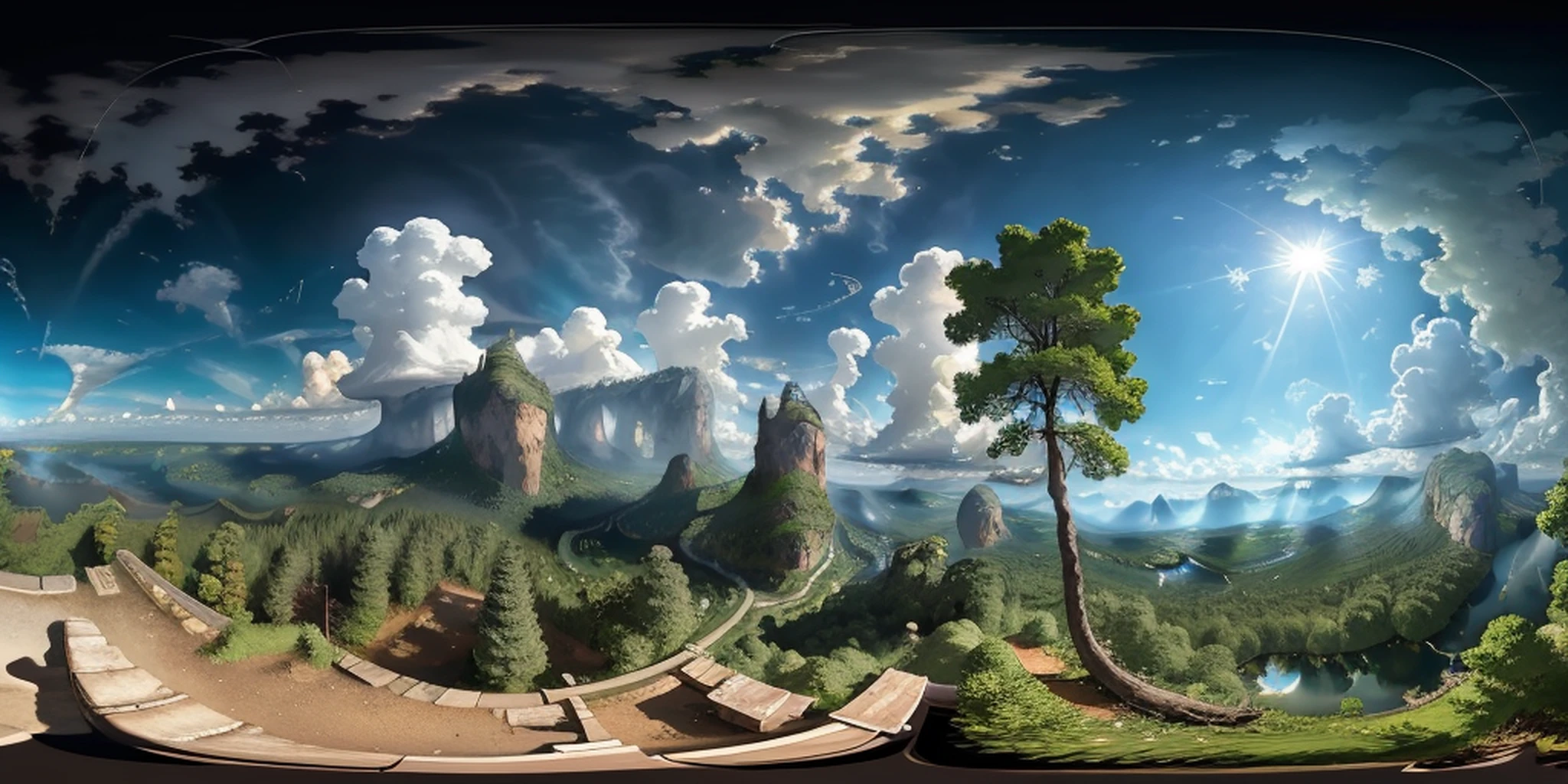an equirectangular panorama 360, modelshoot style, (extremely detailed 8k CG unit wallpaper), sky with clouds and radiance of the sun, real amazing clouds, trends in artstation, pixiv, hyper-detailed Unreal Engine 4k 8k ultra HD, Claude Lorrain, many trees, closed forest horizon,rocks cutting closed forest forest, masterpiece, concept art, Claude Lorrain, trend in ArtStation, trend in CGSociety, Intricate, High Detail, Sharp focus, dramatic and photorealistic painting, 16k