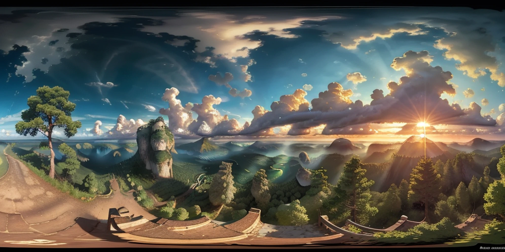 an equirectangular panorama 360, modelshoot style, (extremely detailed 8k CG unit wallpaper), sky with clouds and radiance of the sun, real amazing clouds, trends in artstation, pixiv, hyper-detailed Unreal Engine 4k 8k ultra HD, Claude Lorrain, many trees, closed forest horizon,rocks cutting closed forest forest, masterpiece, concept art, Claude Lorrain, trend in ArtStation,  trend in CGSociety, Intricate, High Detail, Sharp focus, dramatic and photorealistic painting, 16k