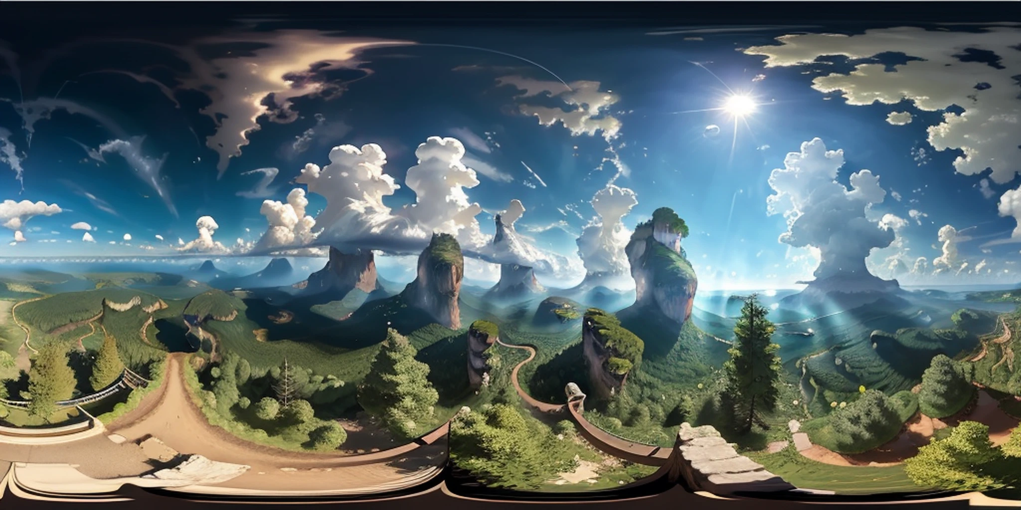 an equirectangular panorama 360, modelshoot style, (extremely detailed 8k CG unit wallpaper), sky with clouds and radiance of the sun, real amazing clouds, trends in artstation, pixiv, hyper-detailed Unreal Engine 4k 8k ultra HD, Claude Lorrain, many trees, closed forest horizon,rocks cutting closed forest forest, masterpiece, concept art, Claude Lorrain, trend in ArtStation, trend in CGSociety, Intricate, High Detail, Sharp focus, dramatic and photorealistic painting, 16k