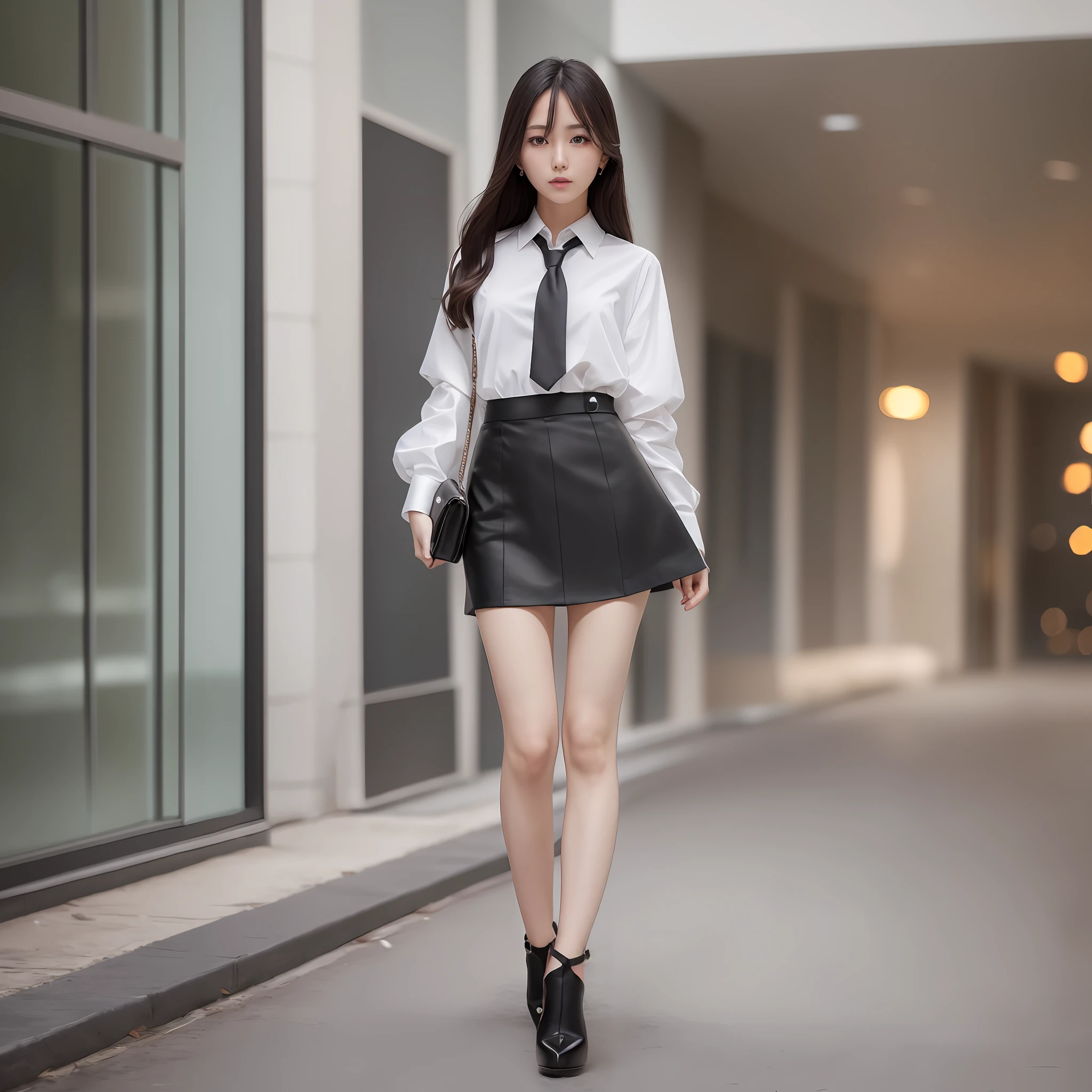 (8k, RAW photo, top quality, masterpiece: 1.2), (real: 1.3), (photorealistic: 1.3), ultra detailed, (high detail skin: 1.2), 8k UHD, DSLR, soft lighting, high quality, film grain, fujifilm XT3, top quality, beautiful lighting, single frame, black long skirt, black stockings, black high heels, tie, Thin Waist, White Shirt, Small, Beautiful Eyes, Korean Woman, 8 Life Beauty, Excellent Style, Asian Woman --auto --s2