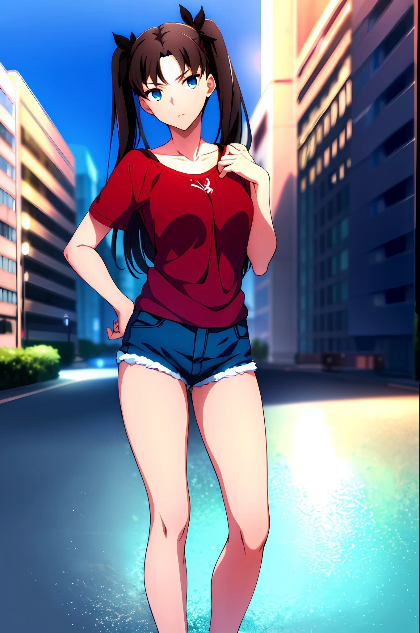 (masterpiece:1.4), (best quality:1.4), 1girl,
Tohsaka Rin, blue eyes, black hair, long hair, shorts, two sides up, short shorts, tanktop, thighs, hair ribbon, sexy dolphin shorts, short sleeves, brown shoes, 
looking at the viewer, whole body,
city, cityscape, sky, night