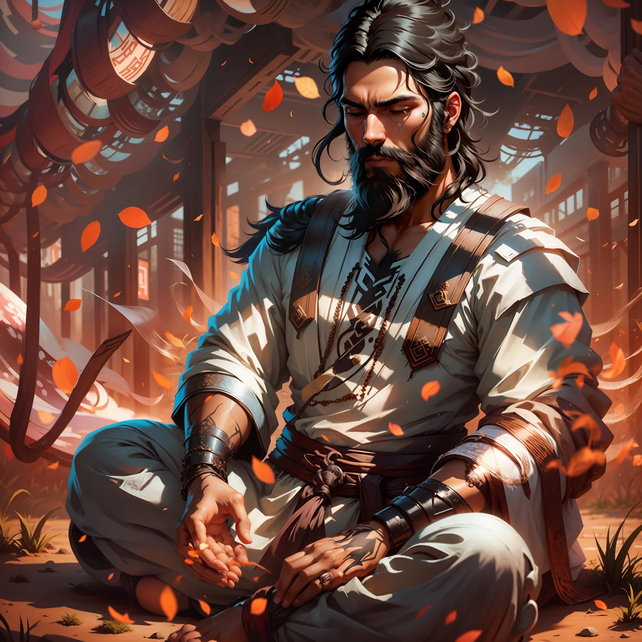 Man with black hair and beard meditating in the field