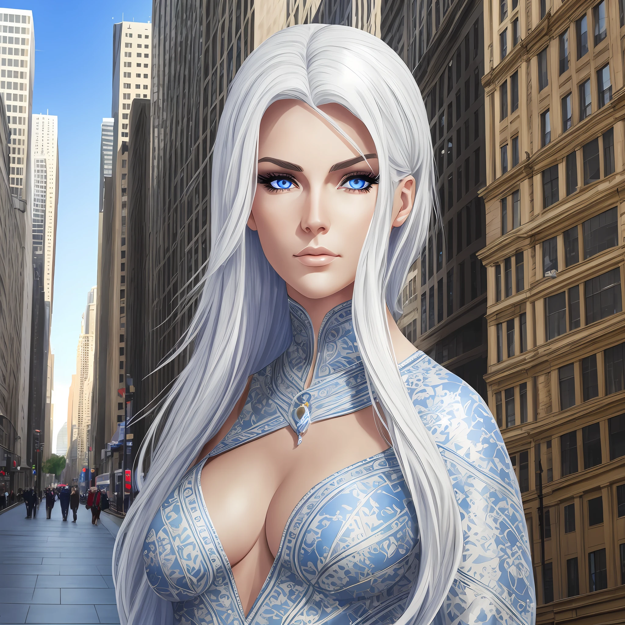 Beautiful tall woman with white hair and bluish eyes super realistic well detailed in the city