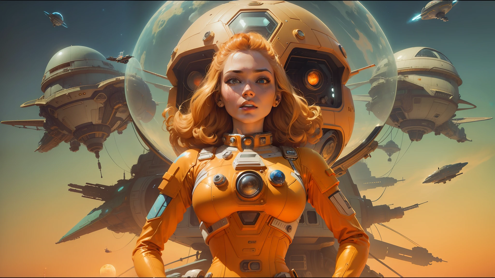 arafed image of a woman in a space suit with a spaceship in the background, glenn barr, featured on vimeo, anamorphic widescreen, noriyoshi ohrai and hans zatzka, orange color scheme, trending on artstattion, 6 0 s, mars attacks, ornate galactic gold, the uncanny valley, pulp illustration --auto --s2