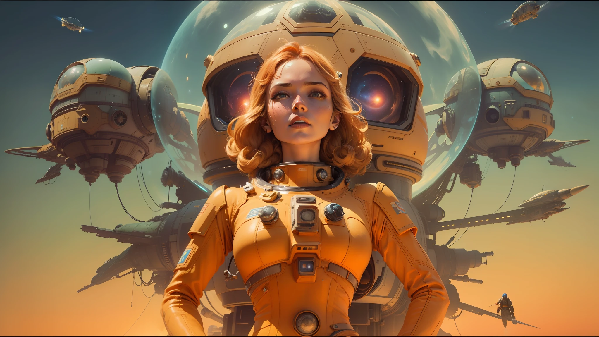 arafed image of a woman in a space suit with a spaceship in the background, glenn barr, featured on vimeo, anamorphic widescreen, noriyoshi ohrai and hans zatzka, orange color scheme, trending on artstattion, 6 0 s, mars attacks, ornate galactic gold, the uncanny valley, pulp illustration --auto --s2