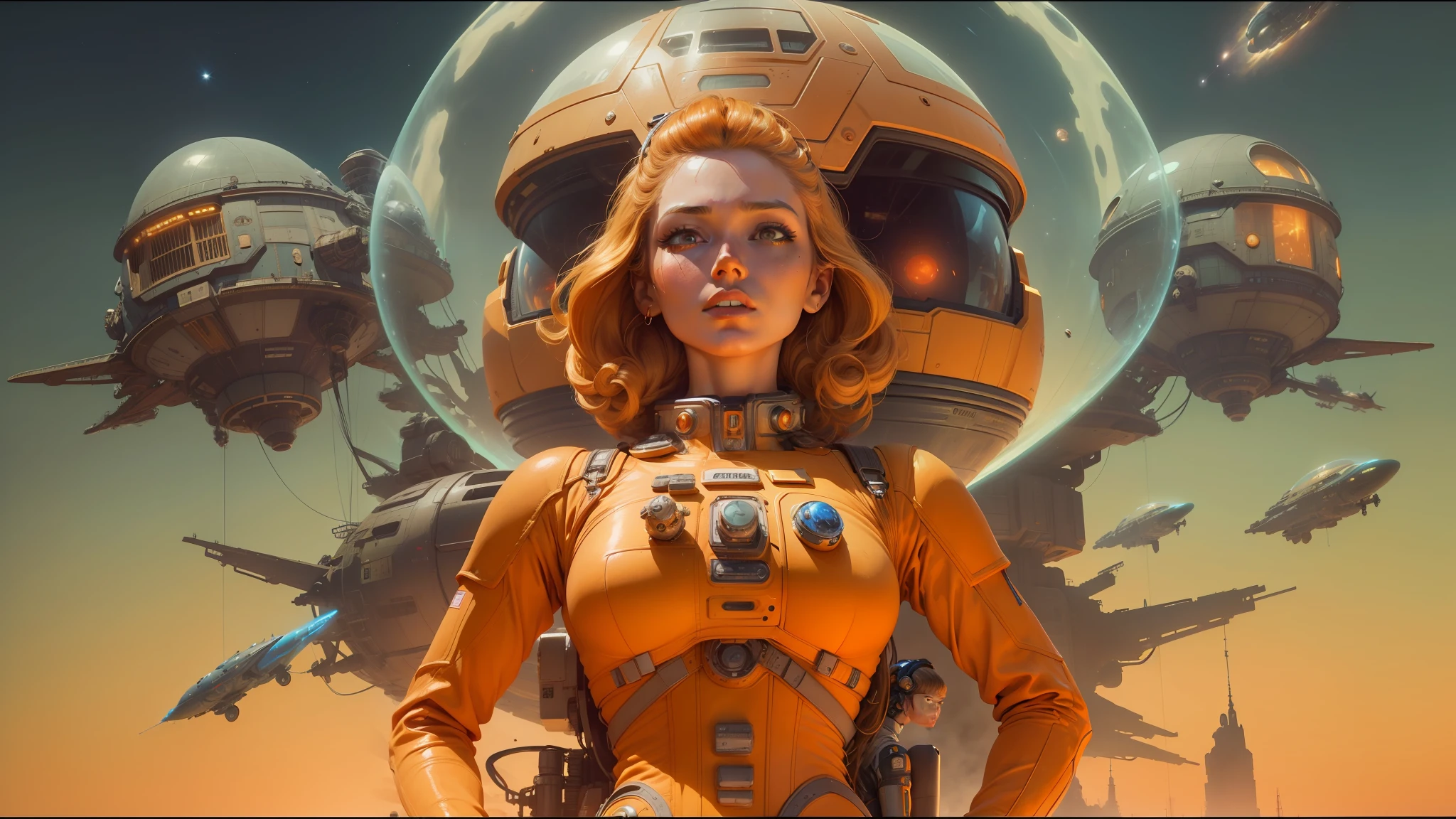 arafed image of a woman in a space suit with a spaceship in the background, glenn barr, featured on vimeo, anamorphic widescreen, noriyoshi ohrai and hans zatzka, orange color scheme, trending on artstattion, 6 0 s, mars attacks, ornate galactic gold, the uncanny valley, pulp illustration --auto --s2