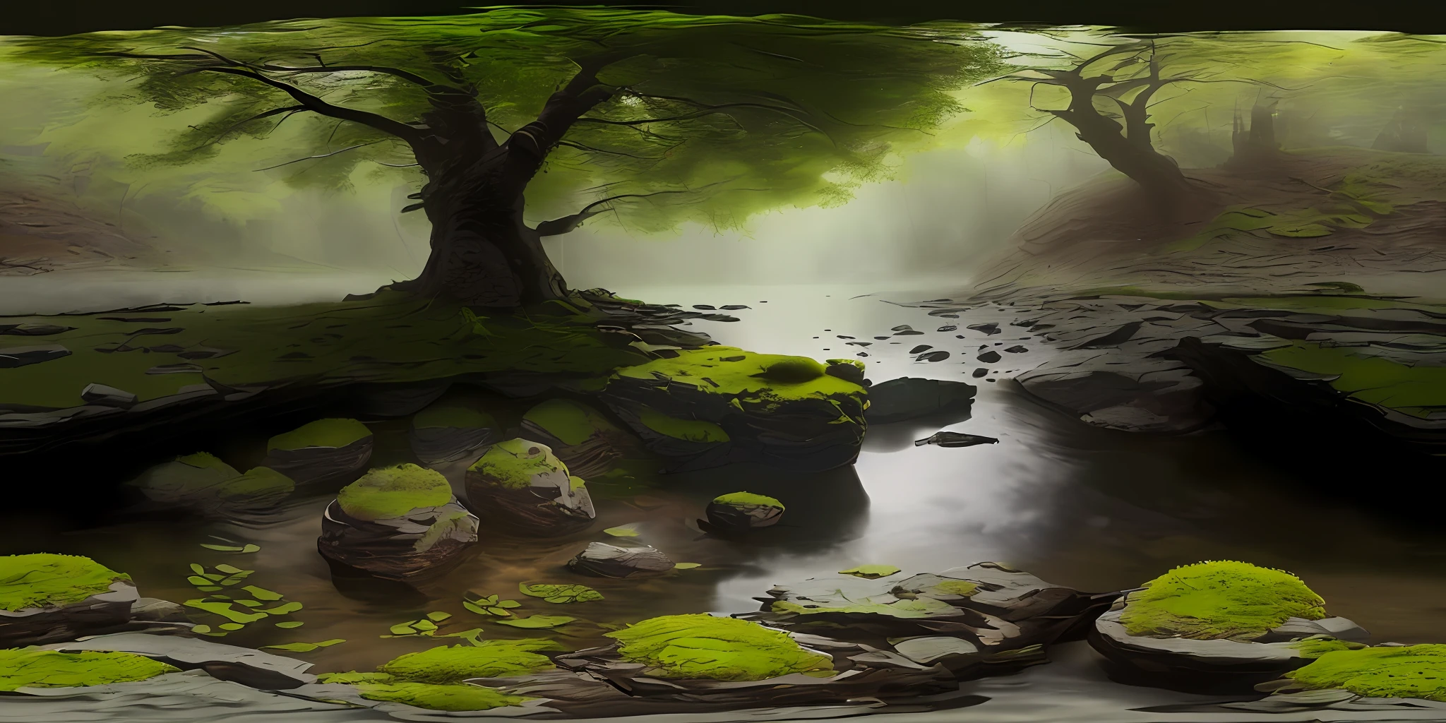 (8k, RAW photo, best quality, masterpiece: 1.2), art (((Claude Lorrain))) (realistic, photo-realistic: 1.37), octane rendering, ultra high res, ultra-detailed, professional lighting, photon mapping, radiosity, physics-based rendering, ue5, (((fantastic trees)),((huge lake with leaves, vines)),((rocks with infinite water musgon)),mist, fog (((raytracing)),((rocky mountains with lots of moss)),(depth of field),landscape,lake