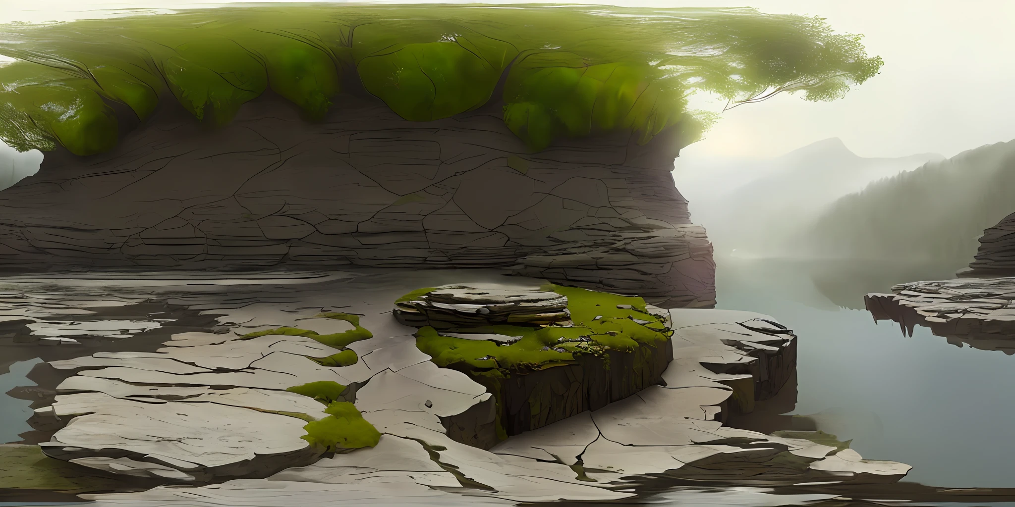 (8k, RAW photo, best quality, masterpiece: 1.2), art (((Claude Lorrain))) (realistic, photo-realistic: 1.37), octane rendering, ultra high res, ultra-detailed, professional lighting, photon mapping, radiosity, physics-based rendering, ue5, (((fantastic trees)),((huge lake with leaves, vines)),((rocks with infinite water musgon)),mist, fog (((raytracing)),((rocky mountains with lots of moss)),(depth of field),landscape,lake