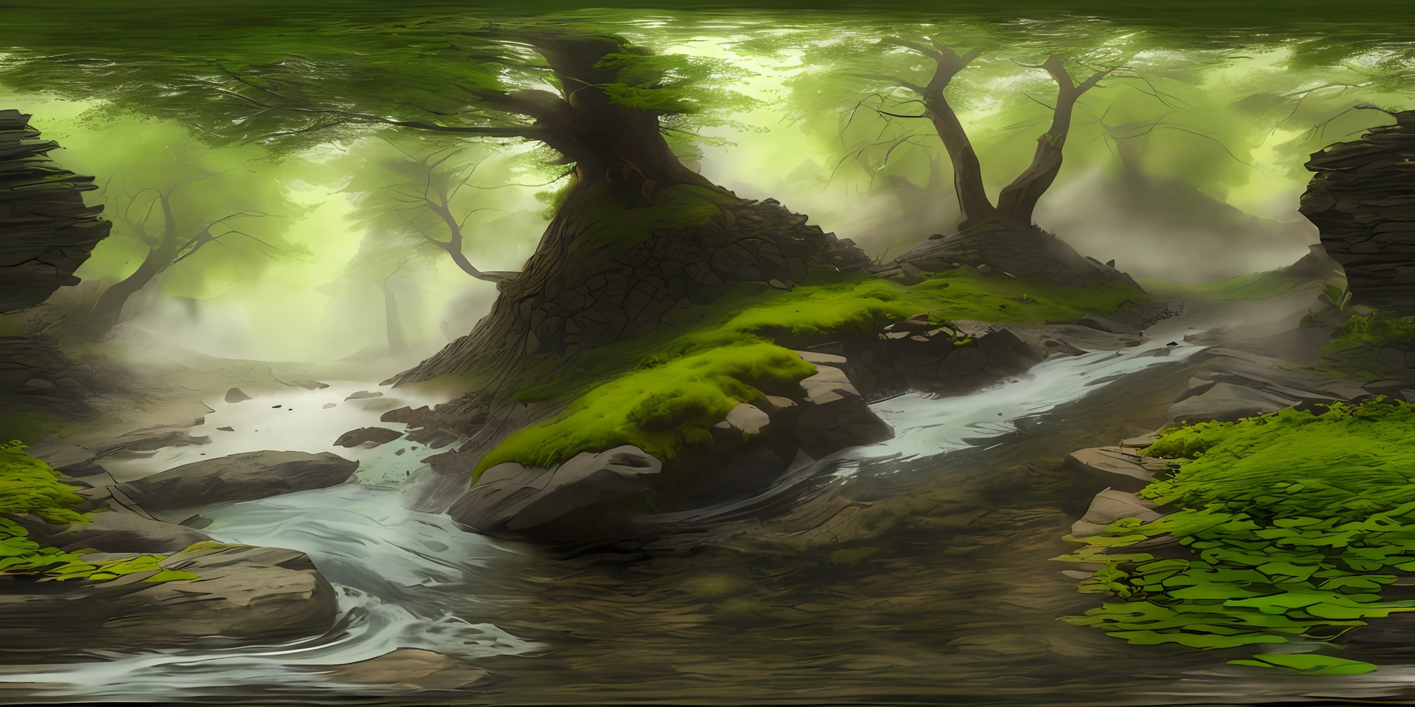 (8k, RAW photo, best quality, masterpiece: 1.2), art (((Claude Lorrain))) (realistic, photo-realistic: 1.37), octane rendering, ultra high res, ultra-detailed, professional lighting, photon mapping, radiosity, physics-based rendering, ue5, (((fantastic trees)),((huge lake with leaves, vines)),((rocks with infinite water musgon)),mist, fog (((raytracing)),((rocky mountains with lots of moss)),(depth of field),landscape,lake