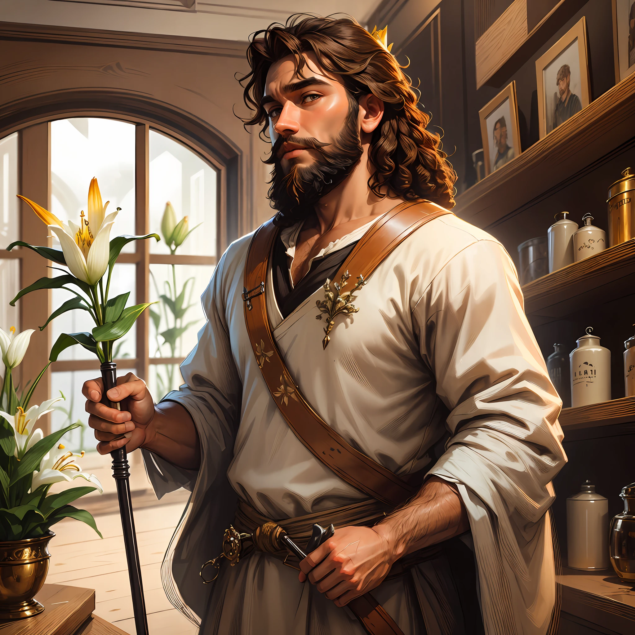 Male hand, straight, holding lilies, Germanic male face, short hair, brown colored hair, curly hair, beard, purity, religious art, , lily crown, 8k, carpenter, carpentry, worker, brute, lily staff --auto --s2