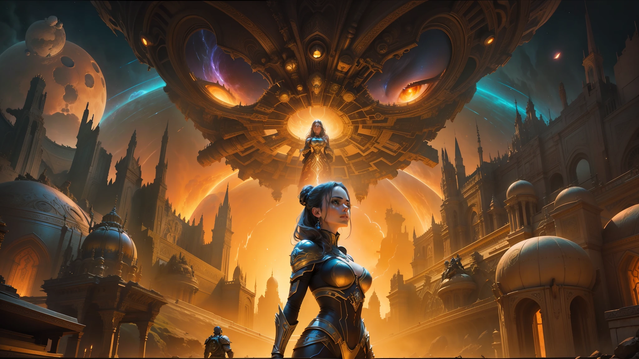 arafed image of a woman in a sci - fiction scene, android jones and chris dyer, portrait of sofia vergara, square enix cinematic art, movie promotional image, shot on imax, muspelheim, protagonist in foreground, paul atreides, imax render, evil sorceress, ellora, imax --auto --s2