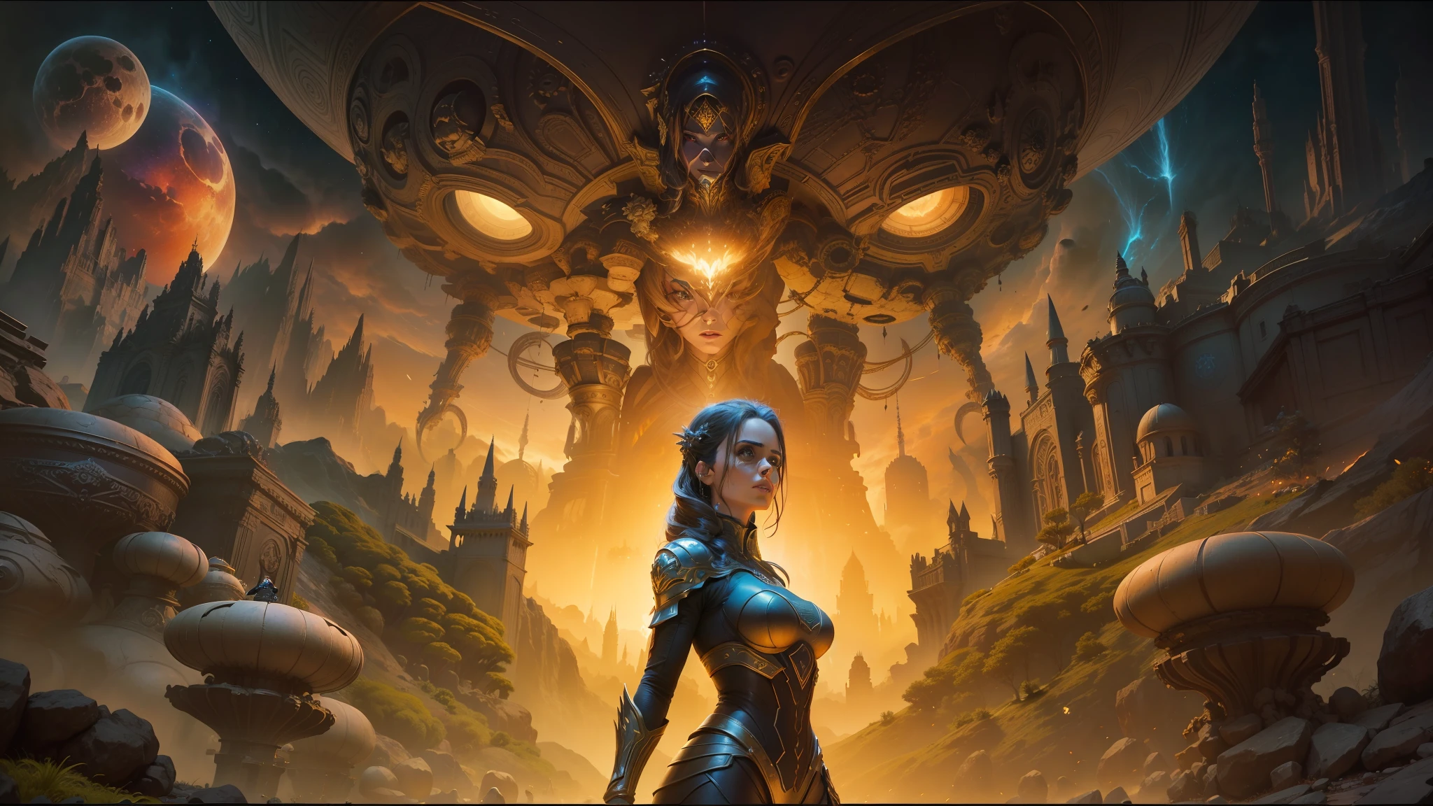 arafed image of a woman in a sci - fiction scene, android jones and chris dyer, portrait of sofia vergara, square enix cinematic art, movie promotional image, shot on imax, muspelheim, protagonist in foreground, paul atreides, imax render, evil sorceress, ellora, imax --auto --s2