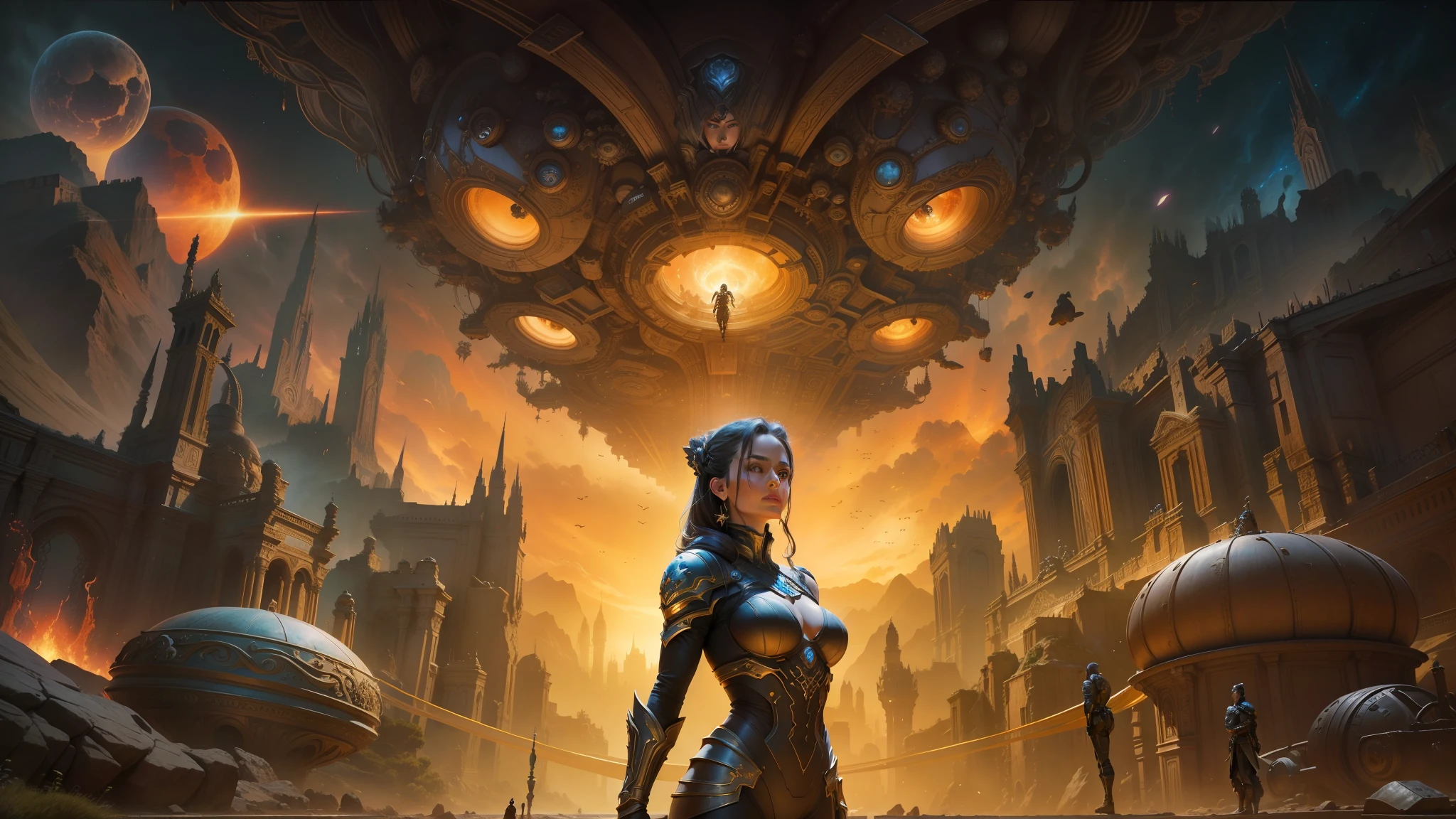 arafed image of a woman in a sci - fiction scene, android jones and chris dyer, portrait of sofia vergara, square enix cinematic art, movie promotional image, shot on imax, muspelheim, protagonist in foreground, paul atreides, imax render, evil sorceress, ellora, imax --auto --s2