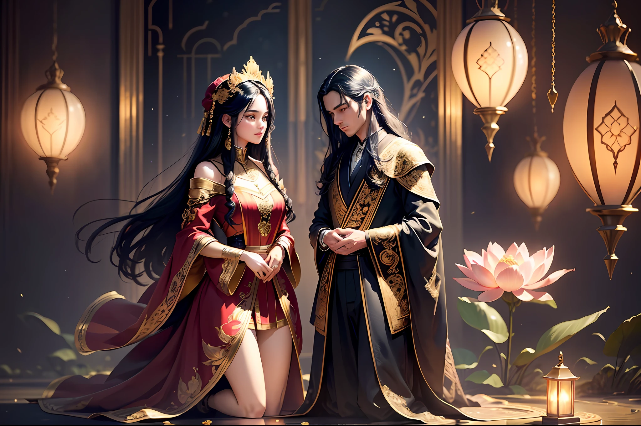 Masterpiece, Best Quality, (Very Detailed CG Unity 8k Wallpaper), (Best Quality), (Best Illustration), (Best Shadows), Absurd, Realistic Lighting, (Abyss), Beautiful Detailed Glow, Peter Mohr Beighter's art, masterpiece, best quality, (very detailed CG unified 8k wallpaper), (best quality), (best illustration), (best shadow), ultra-detailed, "They are an ancient couple, | The boy is tall, broad shoulders and strong arms, his face is well-defined, handsome, and his eyes are deep and clear. He wore a wide robe with exquisite embroidery on it, a pair of loose pants underneath, and a pair of leather boots under his feet, and the whole person looked calm and restrained. | The girl has a graceful figure, smart and beautiful, and her big eyes and long black hair make her look extremely charming. She wore a bright red robe with exquisite embroidery and gold thread, the hem of the dress fluttered in the wind, and a pair of red embroidered shoes at the corner of the skirt made her look beautiful and cute. They came to a lotus pond, and the lotus flowers glowed faintly golden in the moonlight, which was very beautiful. "Digital Art, trending artstation, 4K, high detail, cinematic lighting, intricate, high detail, sharp-focused, dramatic, realistic