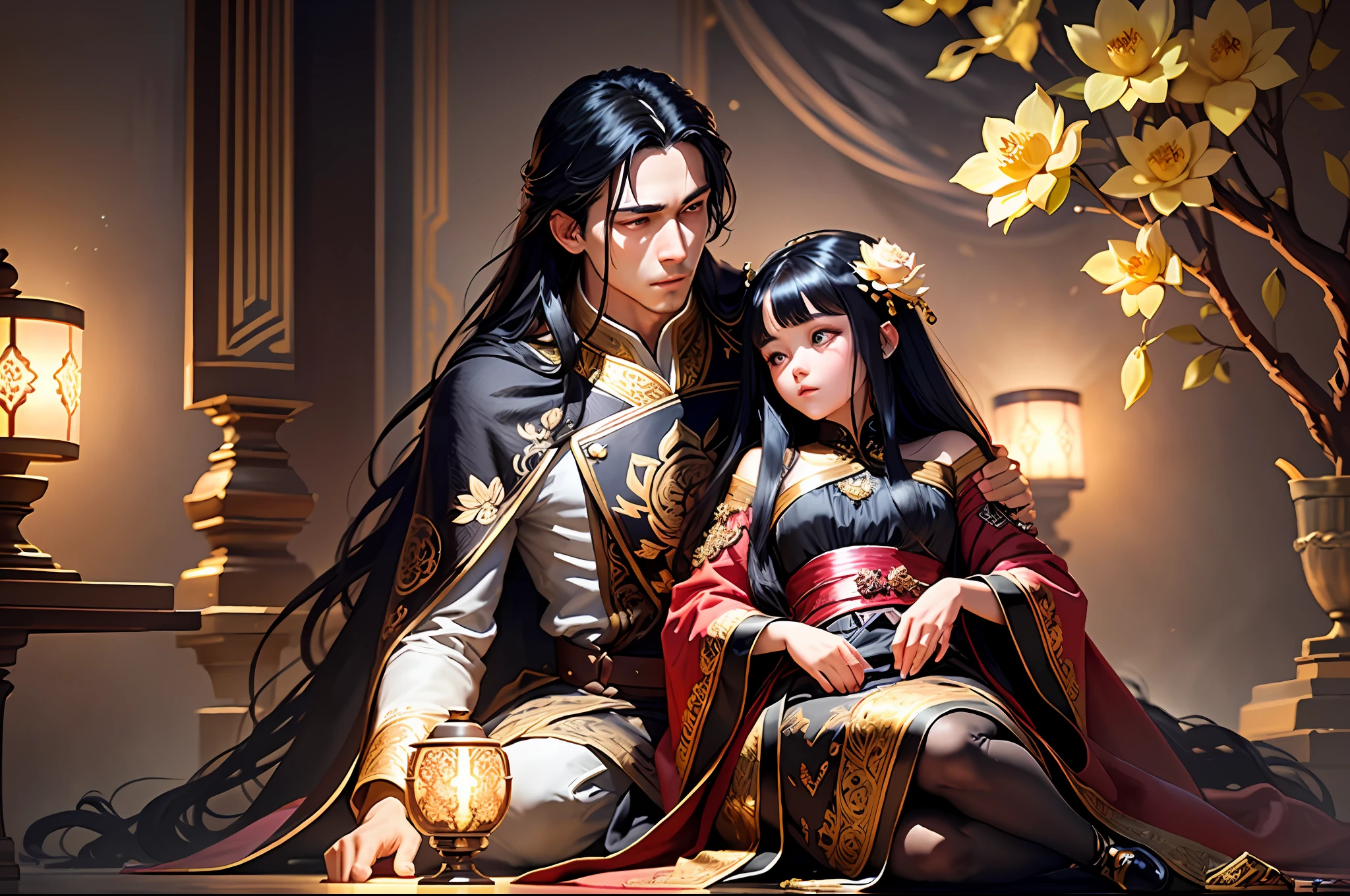 Masterpiece, Best Quality, (Very Detailed CG Unity 8k Wallpaper), (Best Quality), (Best Illustration), (Best Shadows), Absurd, Realistic Lighting, (Abyss), Beautiful Detailed Glow, Peter Mohr Beighter's art, masterpiece, best quality, (very detailed CG unified 8k wallpaper), (best quality), (best illustration), (best shadow), ultra-detailed, "They are an ancient couple, | The boy is tall, broad shoulders and strong arms, his face is well-defined, handsome, and his eyes are deep and clear. He wore a wide robe with exquisite embroidery on it, a pair of loose pants underneath, and a pair of leather boots under his feet, and the whole person looked calm and restrained. | The girl has a graceful figure, smart and beautiful, and her big eyes and long black hair make her look extremely charming. She wore a bright red robe with exquisite embroidery and gold thread, the hem of the dress fluttered in the wind, and a pair of red embroidered shoes at the corner of the skirt made her look beautiful and cute. They came to a lotus pond, and the lotus flowers glowed faintly golden in the moonlight, which was very beautiful. "Digital Art, trending artstation, 4K, high detail, cinematic lighting, intricate, high detail, sharp-focused, dramatic, realistic