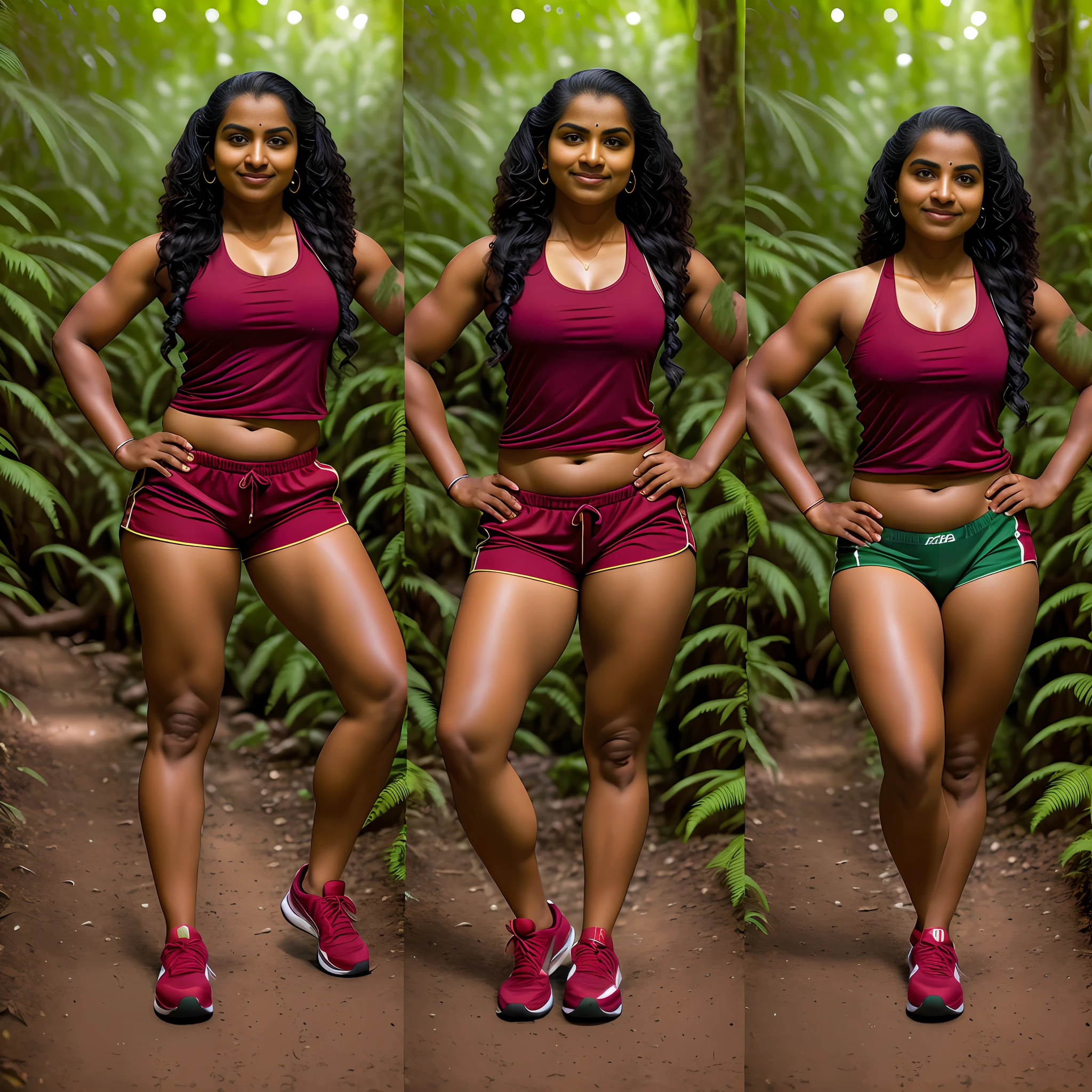 Indian kerala woman hiker standing in a rainforest wearing red tank top and trackpants,8k uhd, digital SLR camera, soft light, high quality, film grain,high detail,UHD, masterpiece, accurate, anatomically correct, super detail, high quality, 16k, highres, award winning, ((full body shot)),soft light rays, realistic skin texture, extreme skin details, photorealistic, photograph, realistic, realism, photorealism, film grains, lifelike texture, dynamic composition, contrast lighting, sharp focus, raw focus, ((close up portrait))