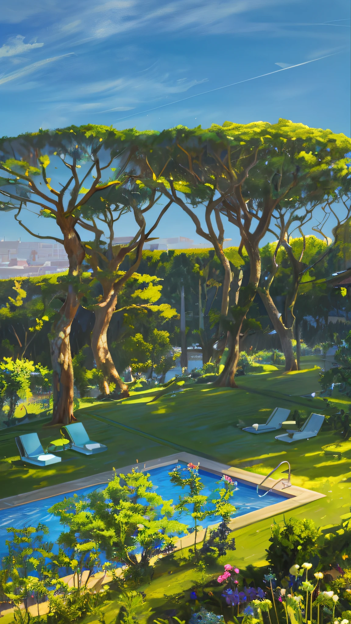 trees and lawns surround a pool in a garden with a view of the countryside, by Etienne Delessert, wonderful masterpiece, a stunning masterpiece, by Bernard D’Andrea, art masterpiece, by Romain brook, great masterpiece, conde nast traveler photo, incredibly beautiful, by Daniel Gelon, crisp smooth lines, by Albert Dorne, by Martin Desjardins