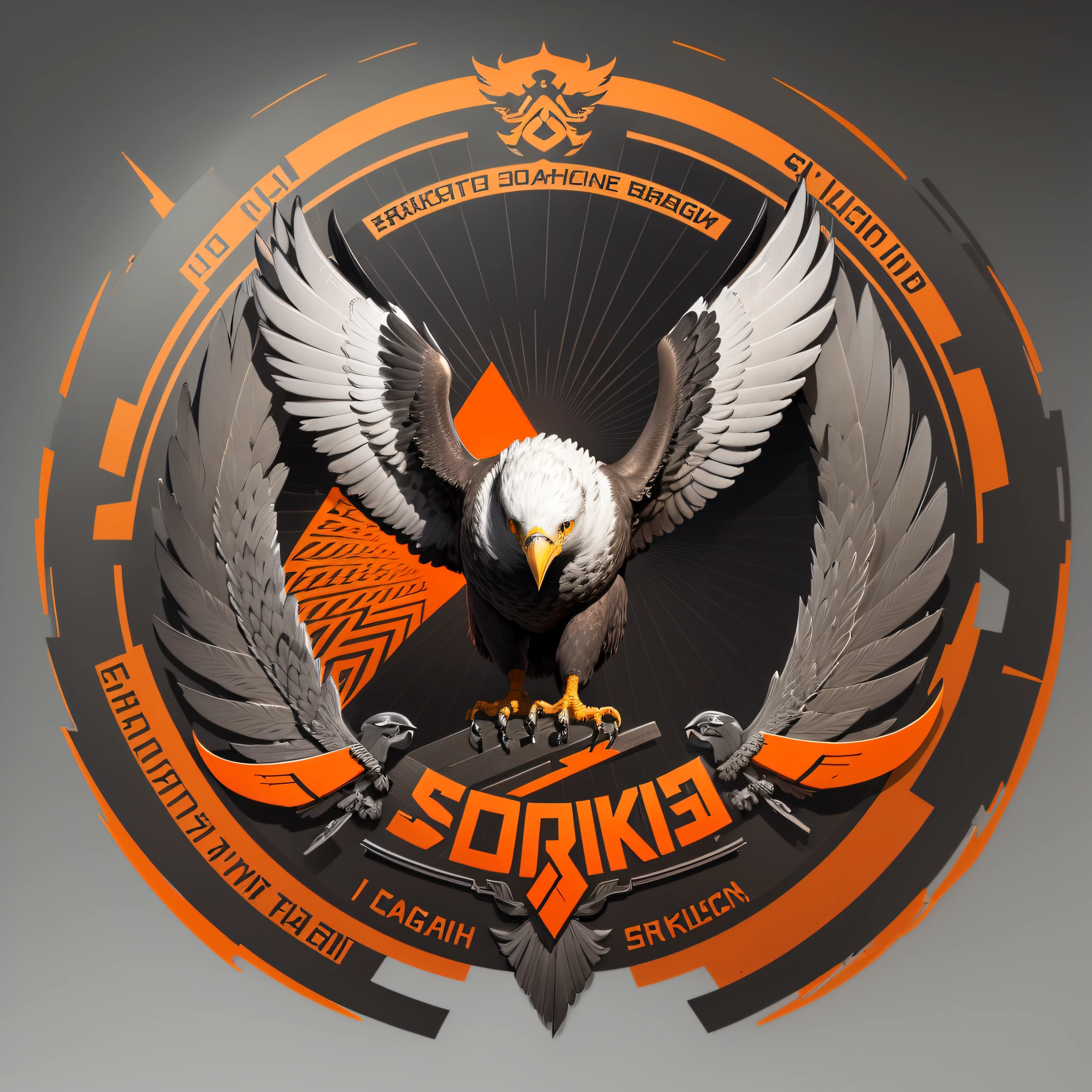 Slick, professional and clean logo design featuring a black grey and orange eagle head with accompanying US lettering and eagle emblem. The design by Karel Štěch is an elegant 8k image showcasing a front-facing eagle in a clean and timeless design. --auto --s2