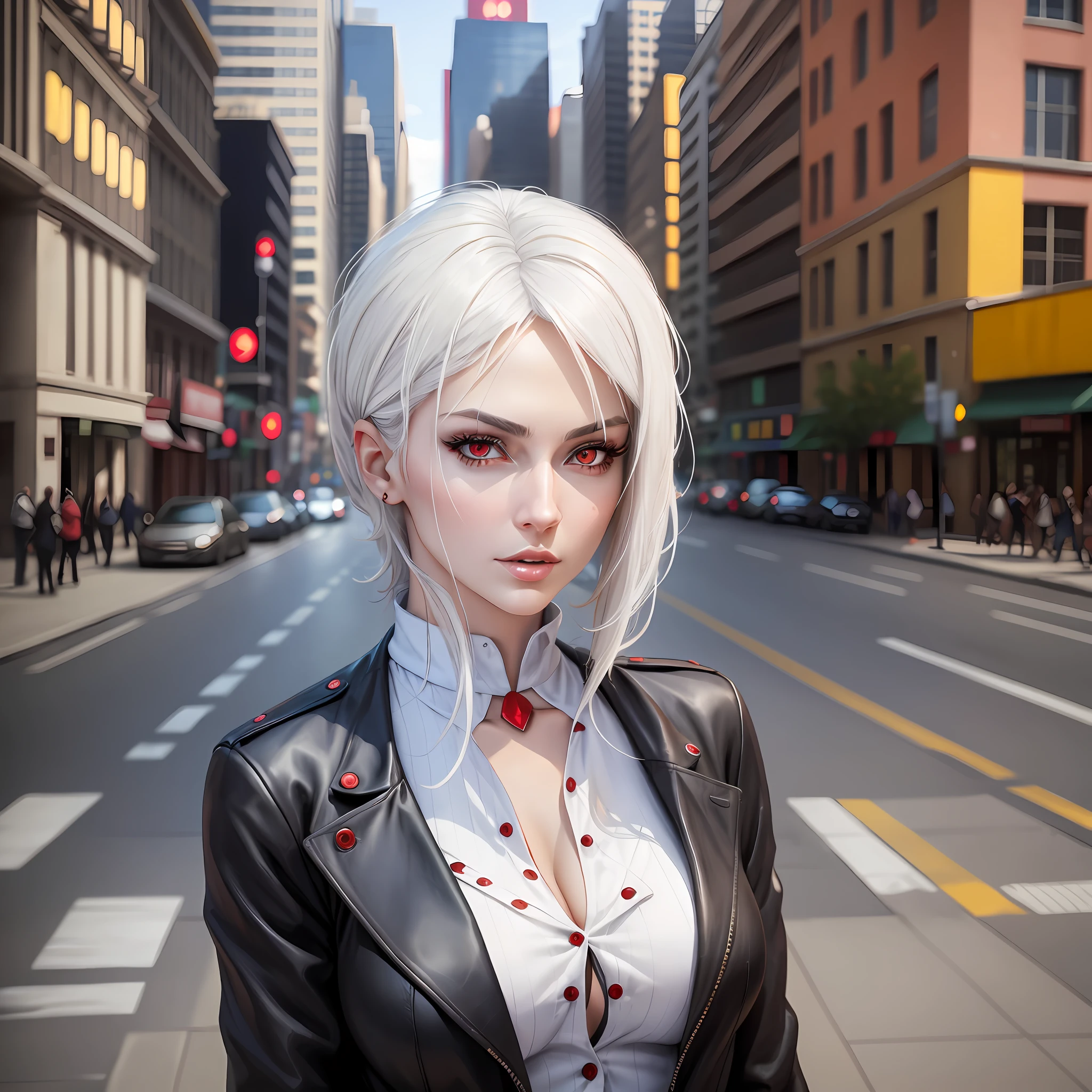 Tall beautiful woman with white hair and red eyes super realistic well detailed in the city