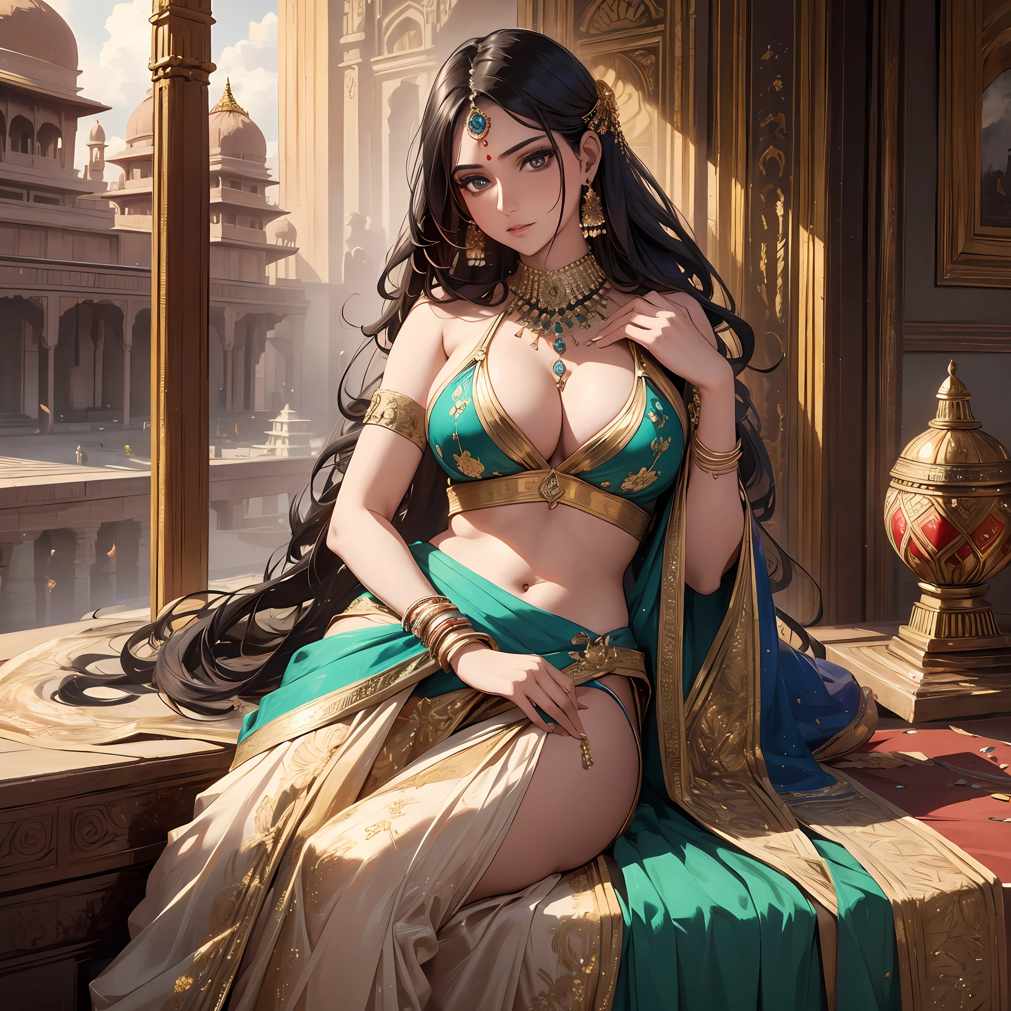 16K, HDR, UHD, RTX, ray tracing, illustration, award winning, adsurdres, highres, ultra high detailed, realistic, indian woman, wearing a satin saree, sexy, cleavage, luxurious, rich, mature, long hair, beautiful, royal palace, elegant, indian historical, ancient india