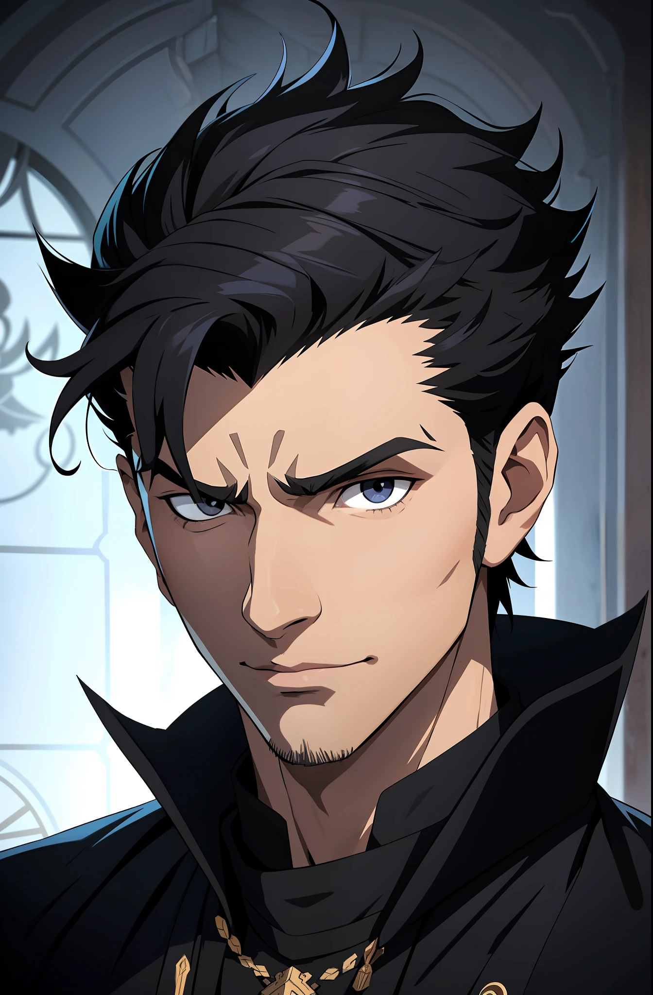 a close up of a man with black hair and stubble, anime, masterpiece, portrait, best quality, intricate details, drawing, dim colors, handsomemanly detailed face, 23 years old male, ultra detailed, gray eyes, short spiked hair, fate unlimited blade works, royal mage robe, 1boy,