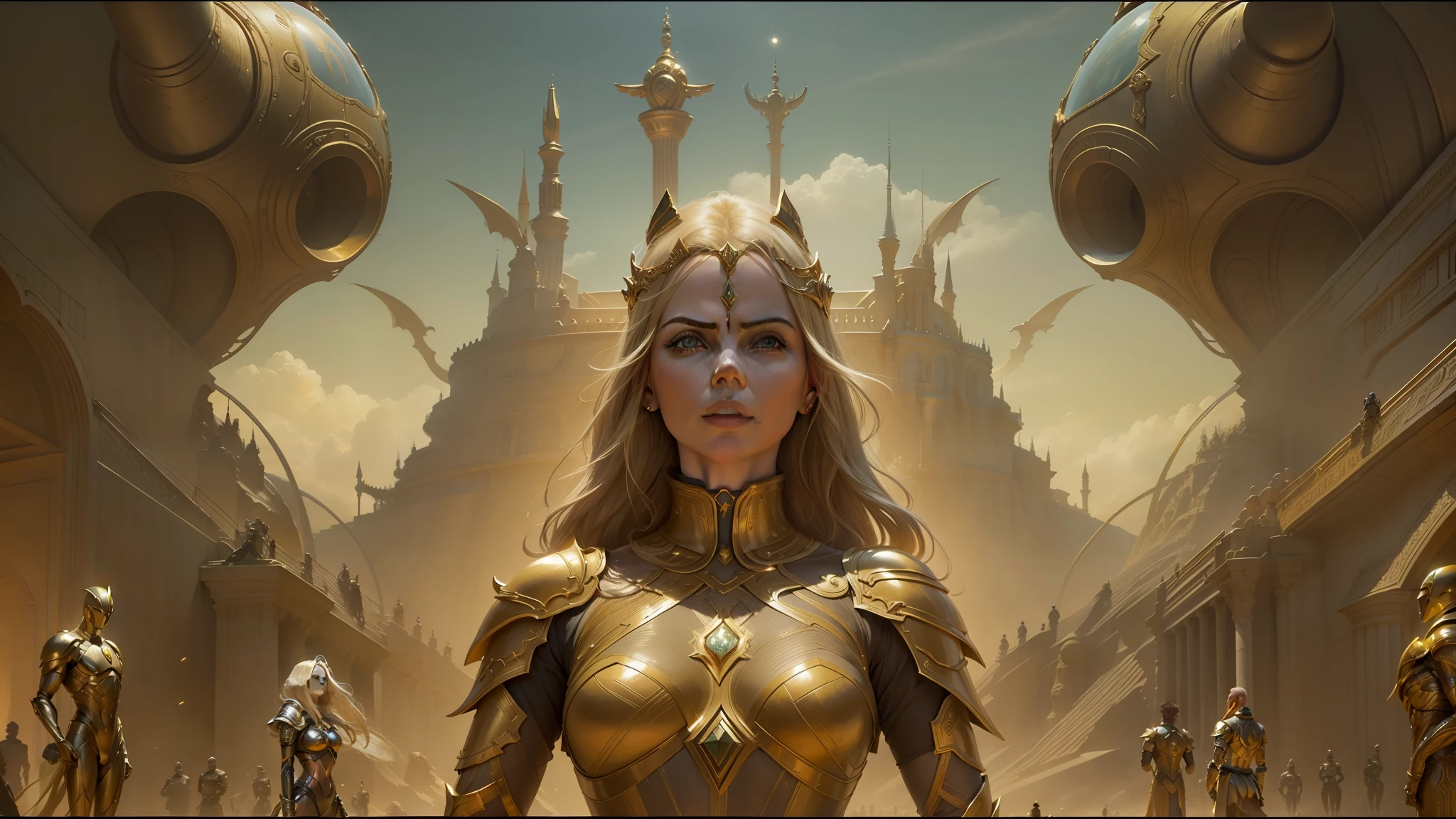 there is a woman in a golden costume standing in a sci - fio, michael whelan and karol bak, cinematic widescreen shot, portrait of ((charlize theron)), symmetric armor, cinemascope panorama, artificial intelligence princess, lady of elche, trending on artstattion, paul atreides, julie dillon --auto --s2
