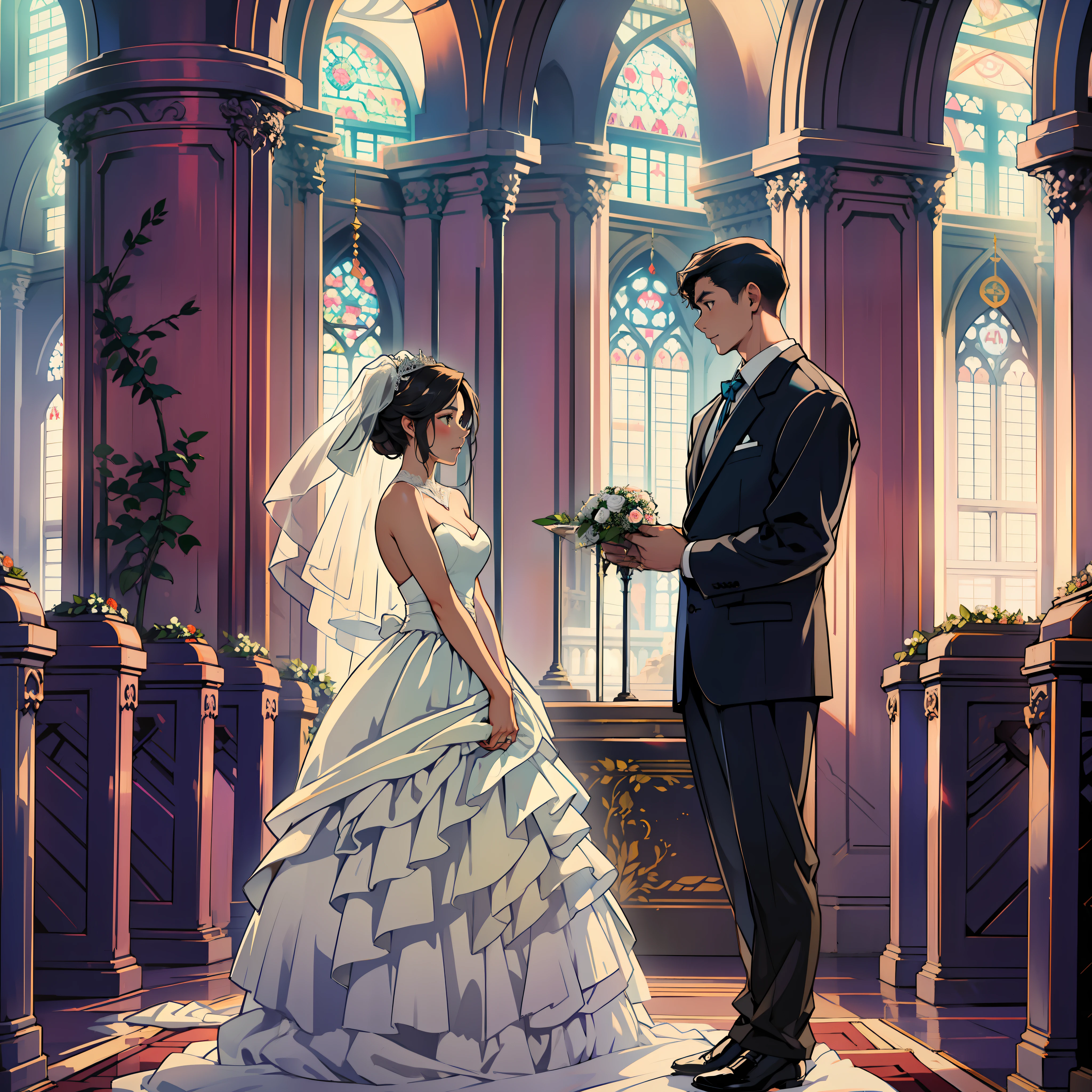 (A boy wearing a suit), (a girl wearing a white wedding dress), two people standing face to face, in the church, holding the wedding, (full body: 1.8)