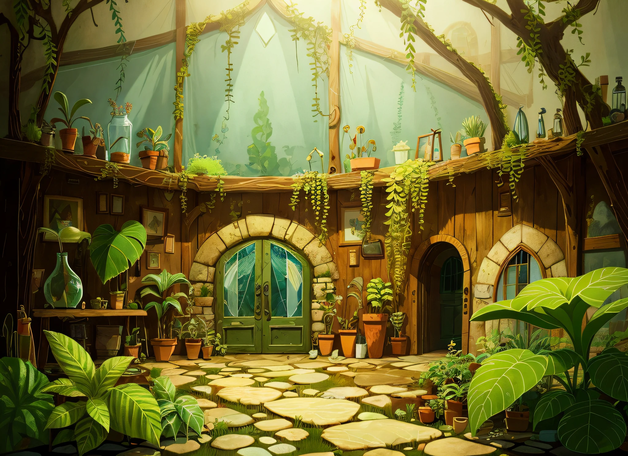 masterpiece, best quality, Song of the Sea,
(Plant sheds:1.3), plants, piranhas, ferns, water pipes, indoor, glass,
Cartoon, texture, 2d illustration,