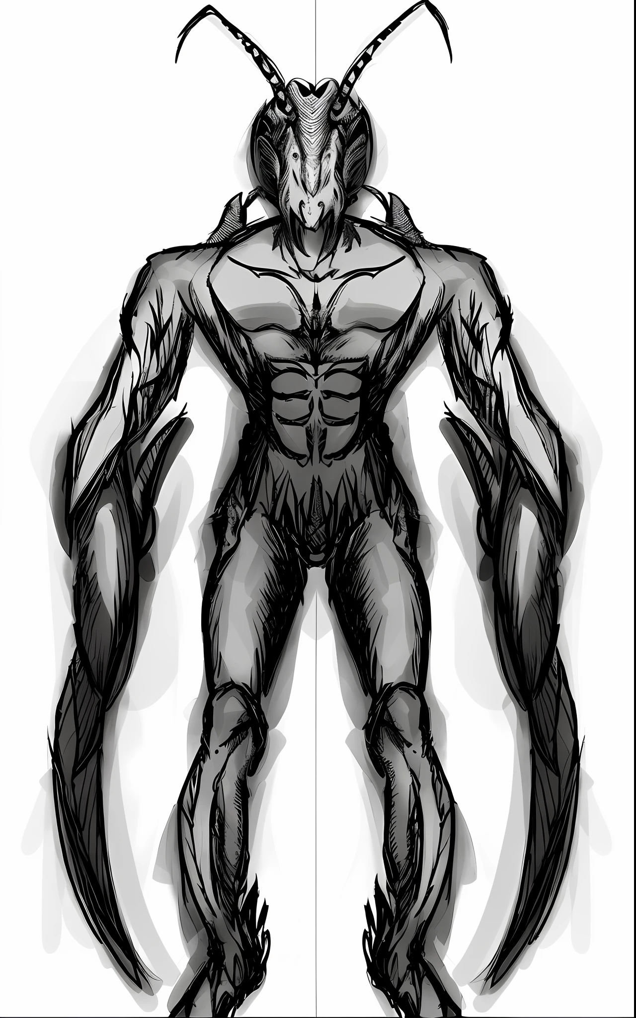 Drawing of a man with a large horned head and long tail, detailed whole body concept, whole body concept, humanoid shape, anthropomorphic _humanoid, anthropomorphic humanoid, detailed humanoid, whole body. Front view, male zinman demon hybrid, human male demon, male aeromorph, full body savage devilman, insect, praying mantis