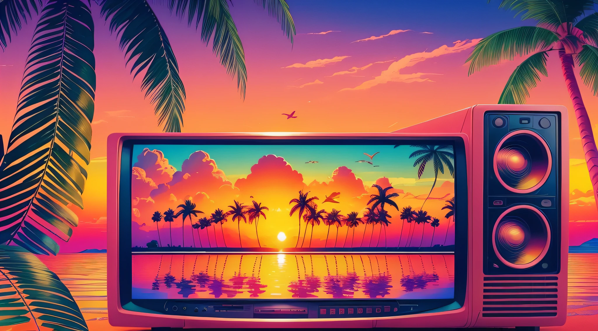 (ultra-detailed) (8K) palm trees, tropical, warm colors, sunset, orange, abstract, flamingos, (vaporwave), (retrowave) illustration, windows 95, old macintosh, (image interference) (VHS), flying birds, dystopian, drink, heat, movie scene, picture with problem, old televisions, 80s, (Salvador Dali style)