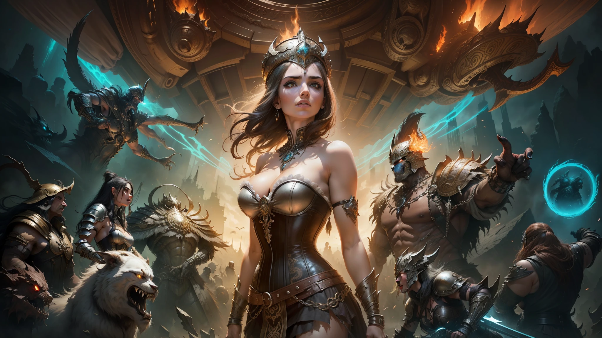 a woman in a corset dress standing in front of a group of monsters, psytrance artwork, heavy metal the movie, video game cover art, background: battle scene, organic liquid metal, a beautiful woman warrior, mastodonic, wearing ornate helmet, bisley, necro, dieselpunk --auto --s2