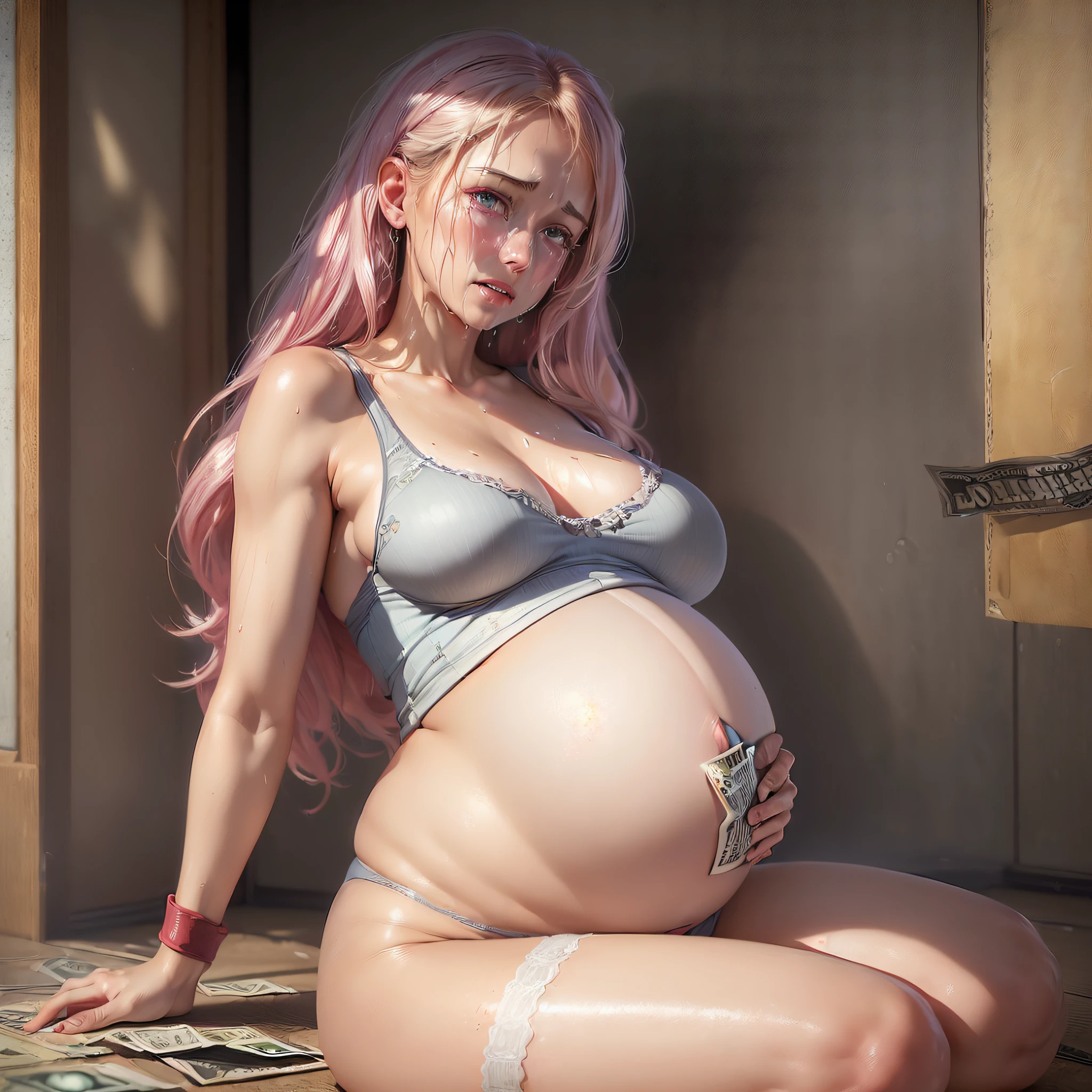 (Photorealistic:1.9)),Top Quality,Realistic, Masterpiece, Illustration, Very Delicate and Beautiful, (CG:1.2), Very Detailed, Unity 8k Wallpaper, Amazing Fine Details,Best Quality,Official Art, Incredibly Ridiculous,Ultra Detailed, High Definition, Very Detailed, One Girl,(Princess Peach), Beautiful Detailed Girl, Full Body, (Tense Underwear), very big breasts,big ass, white underwear, (thin underwear), excited expression, beautiful detailed red eyes, face light, movie lighting, ((very sweaty skin)), (skin shiny with sweat), transparent sweat, (from the front), sitting facing the front with legs open, (((crying)))), wristband, (showing off crotch), (tear)), ruined, asking for help, (((10 dollar bill all over the floor )), ((pregnant woman)) --auto --s2