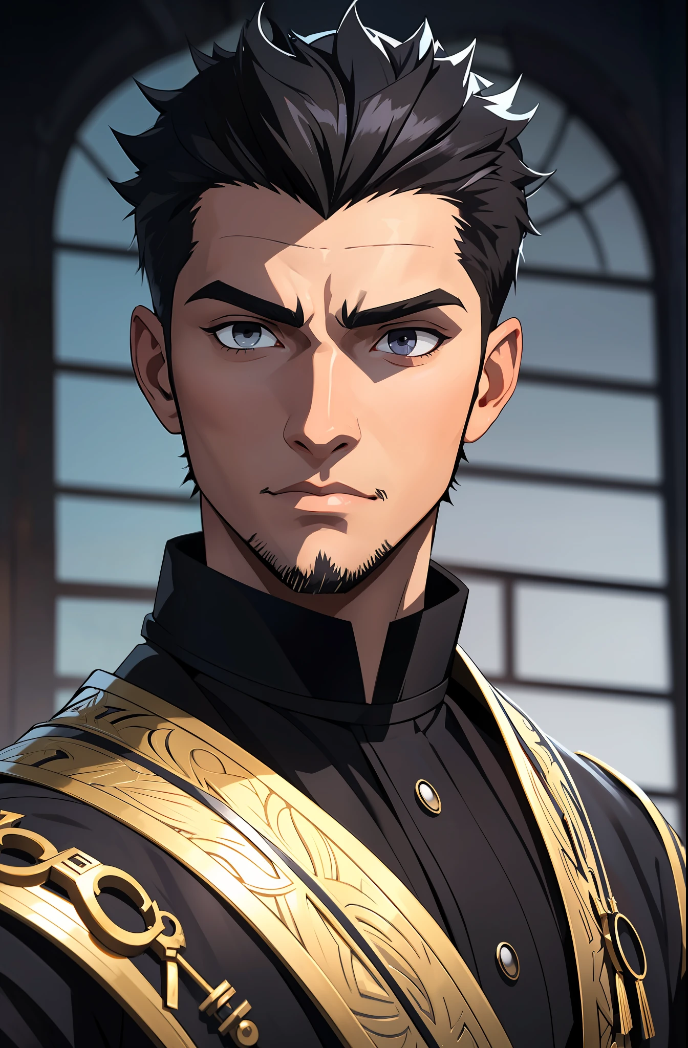 a close up of a man with black hair and stubble, anime, masterpiece, portrait, best quality, intricate details, drawing, dim colors, handsome manly detailed face, 23 years old male, ultra detailed, gray eyes, short spiked hair, fate unlimited blade works, royal mage robe, 1boy,