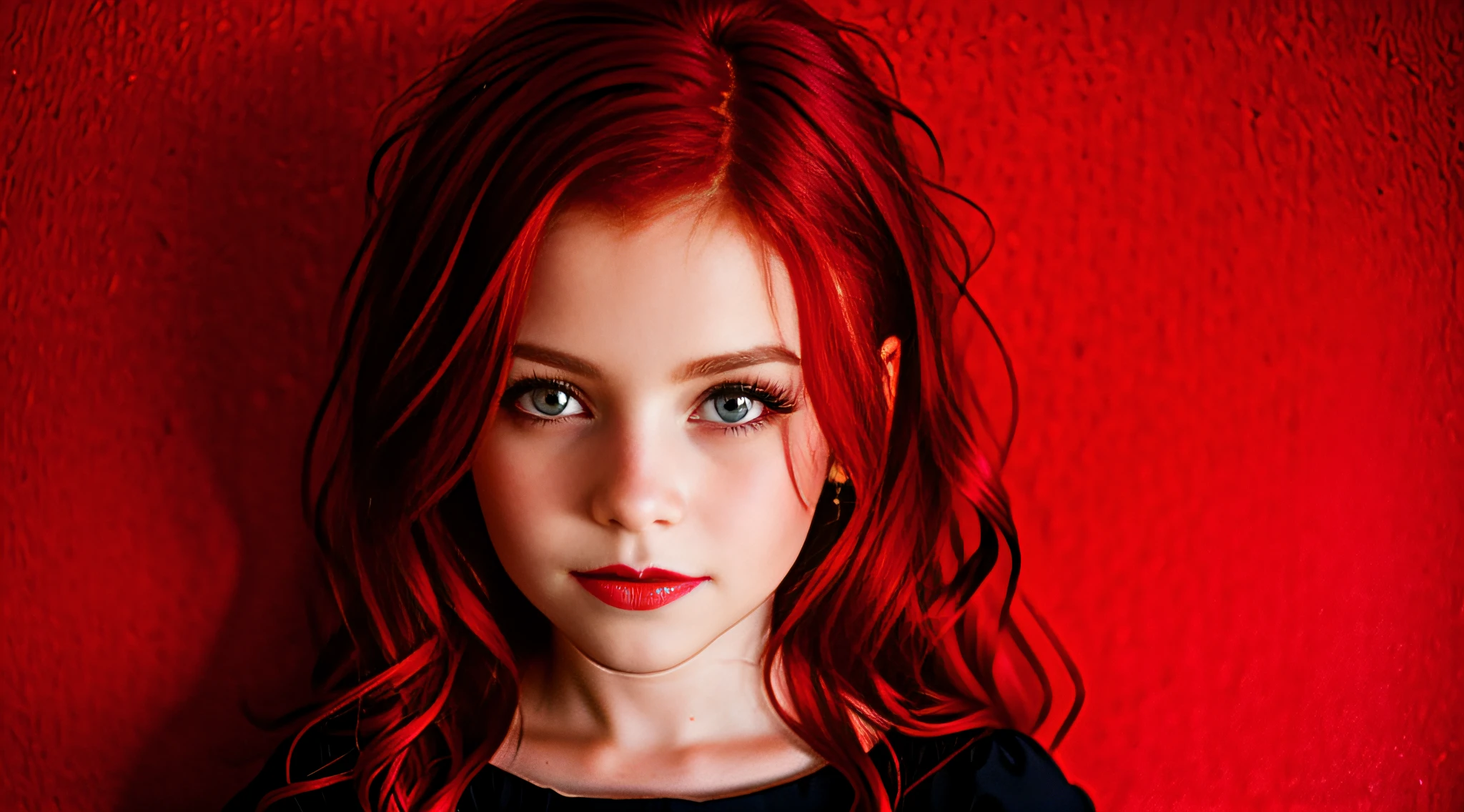 GIRLS VAMPIRE CHILDREN, RED EYES. AND RED HAIR, red background.
