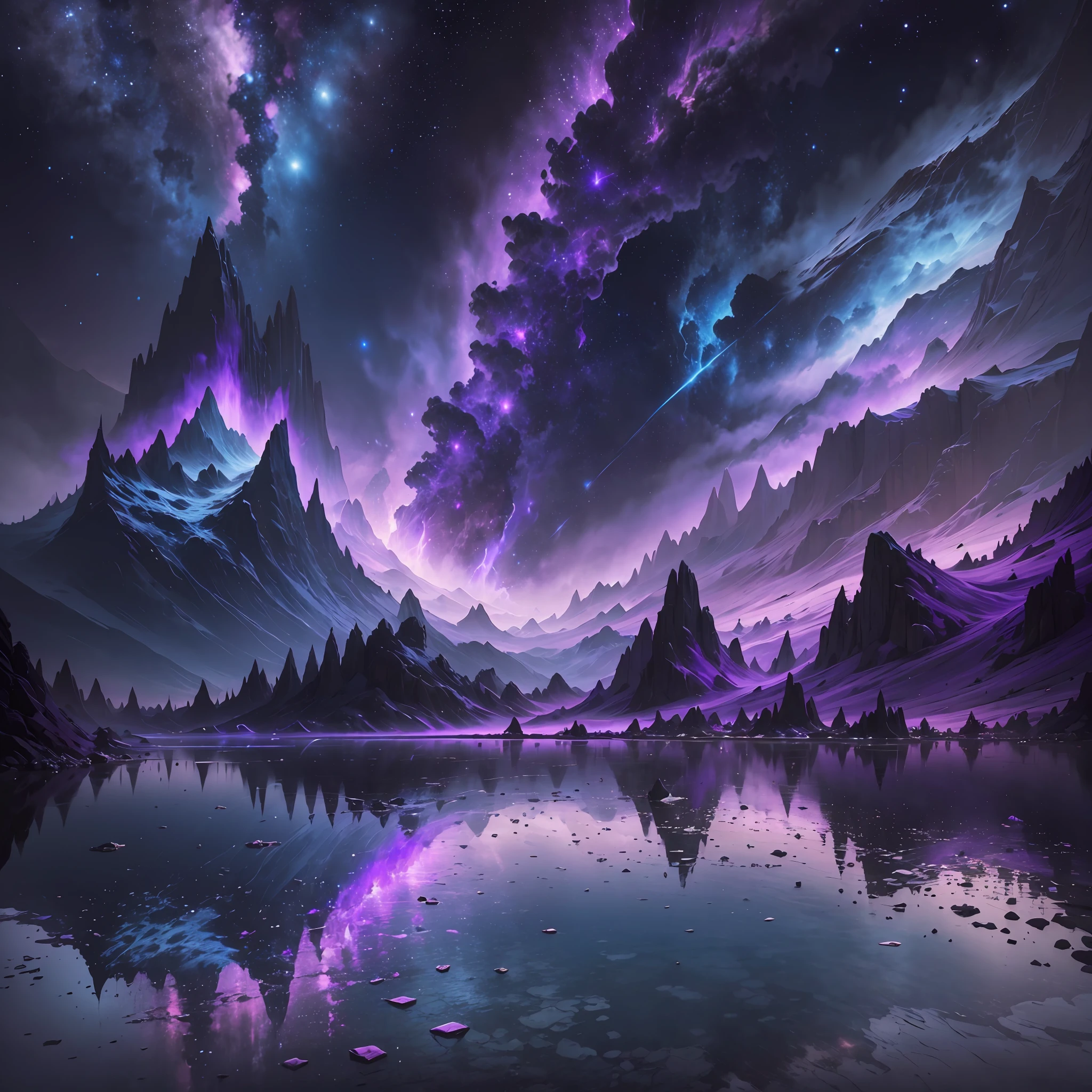 (art frame), insane, surrealism, best quality, incredibly detailed, fantastic landscape, floating mountains in vibrant shades of purple and blue, a dazzling starry sky, highly detailed atmospheric textures, mysterious and exciting weather. --auto --s2