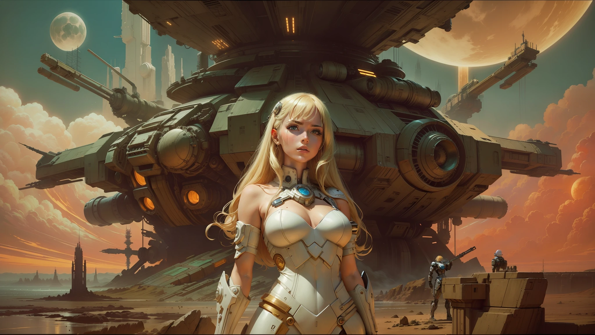 blond woman in a white dress standing in front of a giant robot, inspired by Philippe Druillet, cgsociety ), protagonist in foreground, “ femme on a galactic shore, post - apocalyptic cowgirl, by Menez, blonde girl in a cosmic dress, by ken kelly, holy cyborg necromancer girl, high definition cgsociety, optimistic future, by amano --auto --s2