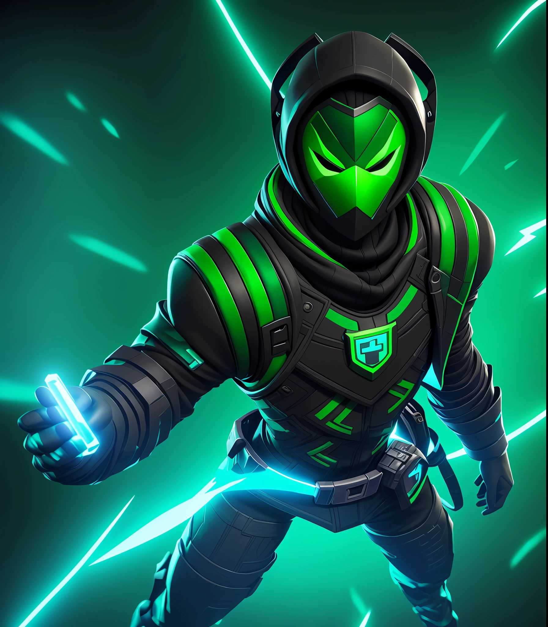 There is a man in a green and black costume with a mask, Fortnite art style, like a Fortnite character, Tane skin, Fortnite screenshot, Fortnite character, scary white skin, epic games, Fortnite skin, Frostbite 3 rendered, Sliver ice color reflected armor, in the skin of Fortnite, this character has cryokinesis, fornite game. octane rendering