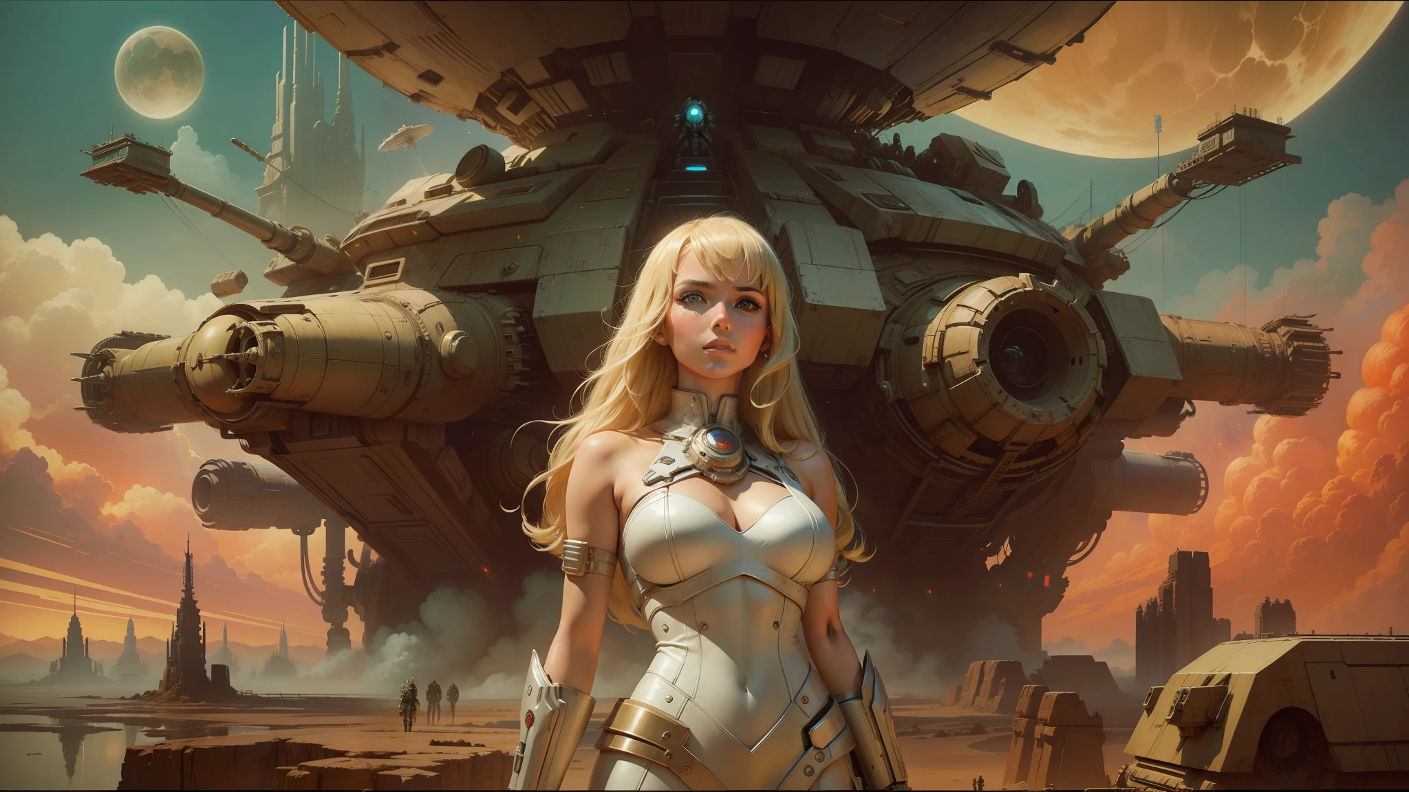 blond woman in a white dress standing in front of a giant robot, inspired by Philippe Druillet, cgsociety ), protagonist in foreground, “ femme on a galactic shore, post - apocalyptic cowgirl, by Menez, blonde girl in a cosmic dress, by ken kelly, holy cyborg necromancer girl, high definition cgsociety, optimistic future, by amano --auto --s2