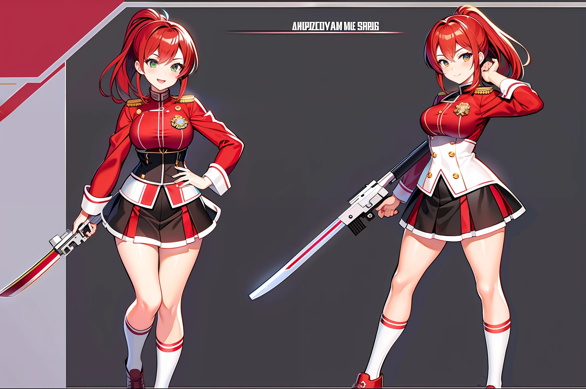 masterpiece,(best quality),anime girl in a red and white uniform with a gun, cushart krenz, female protagonist 👀 :8, cushart kenz, female magical anime. , sakura kinomoto, anime style character, anime character design, female anime character, katana zero video game character, sakura haruno, fullbody, ponytail, magicalgirl, jacket over uniform,red hair, ribbon on chest, fullbody, skirt( ( character concept art ) )